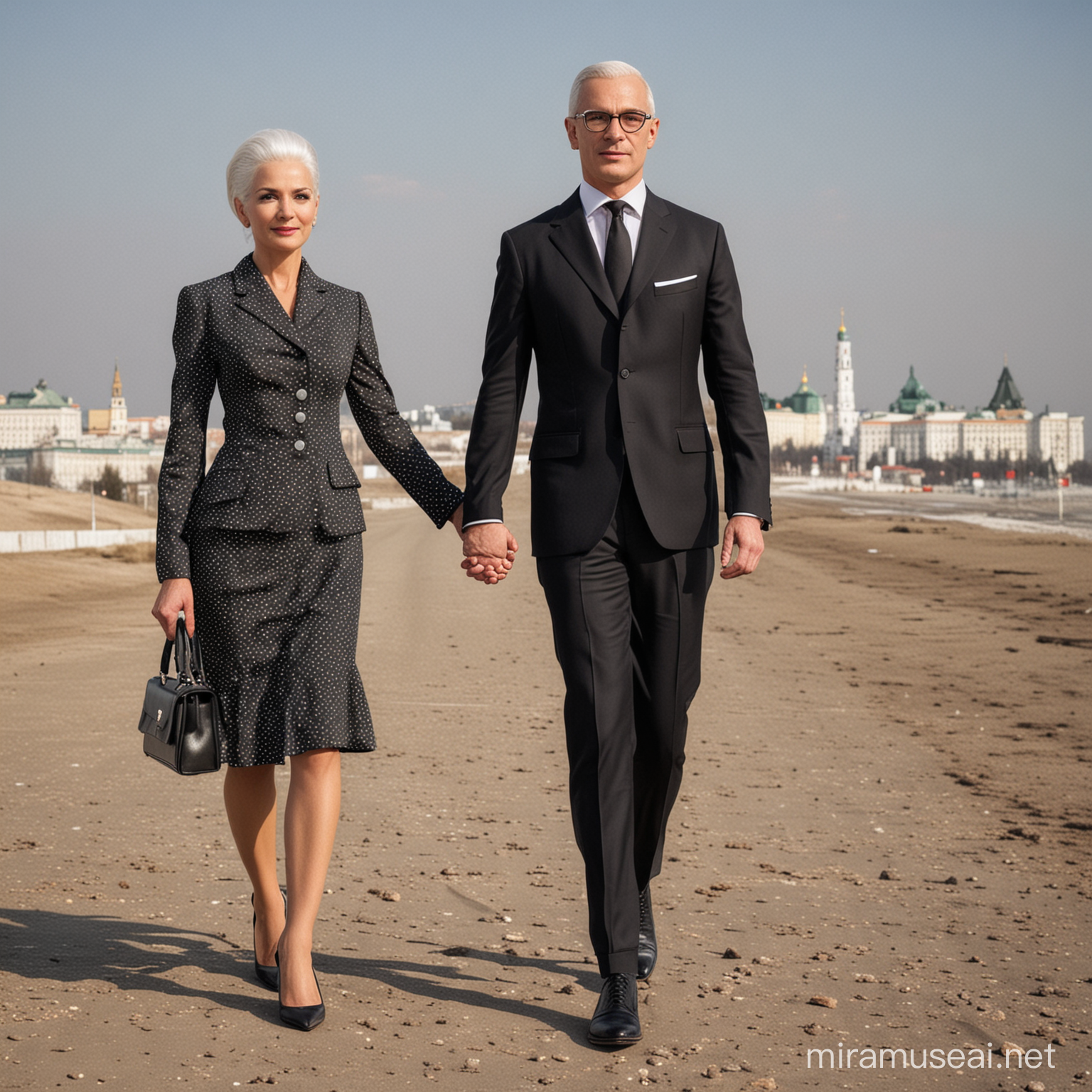 Elegant Mature Woman and Young Bald Man Exploring Russia Together