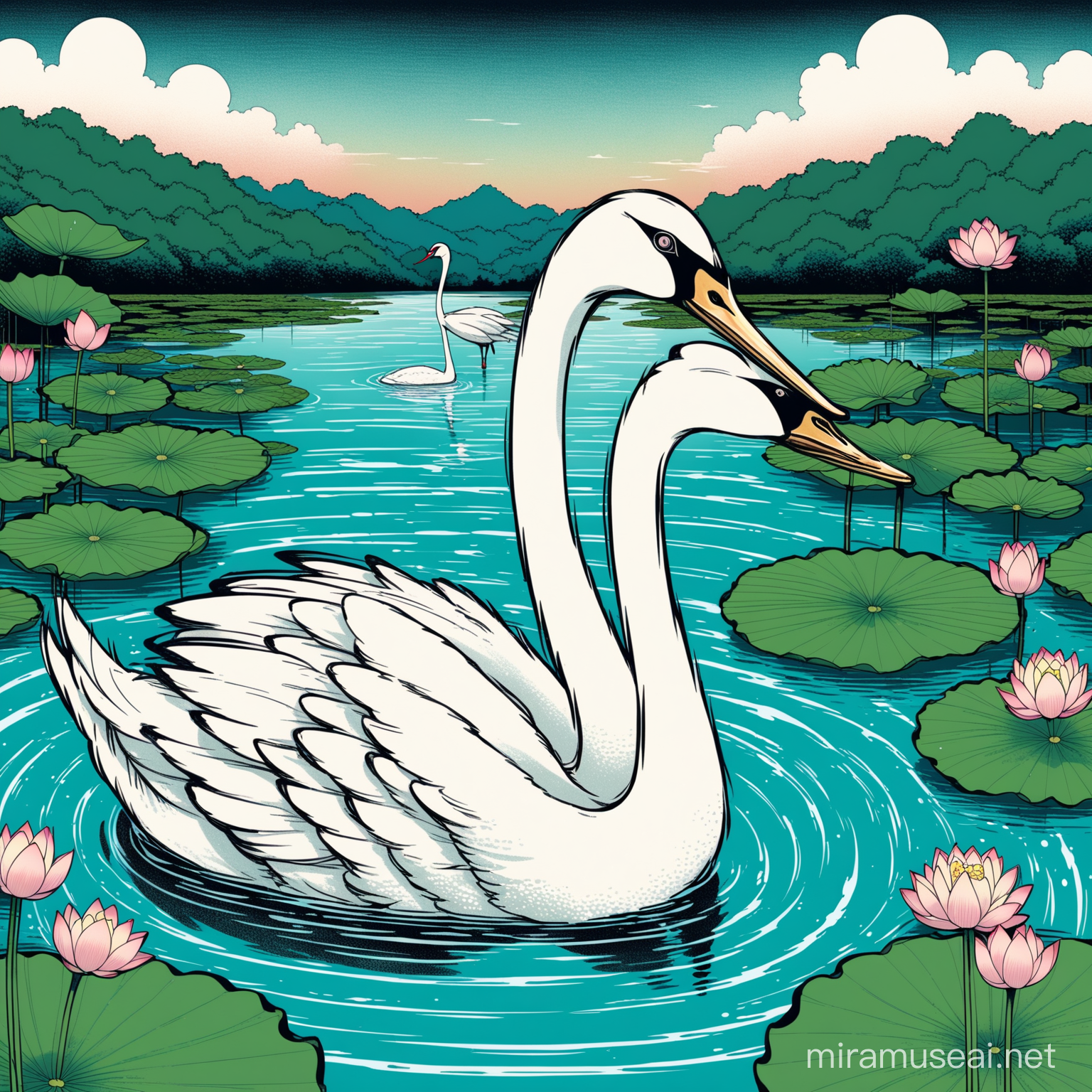 Lotus on pond water. A swan with a crane head and peackock head joined to the swan. Junji ito style,