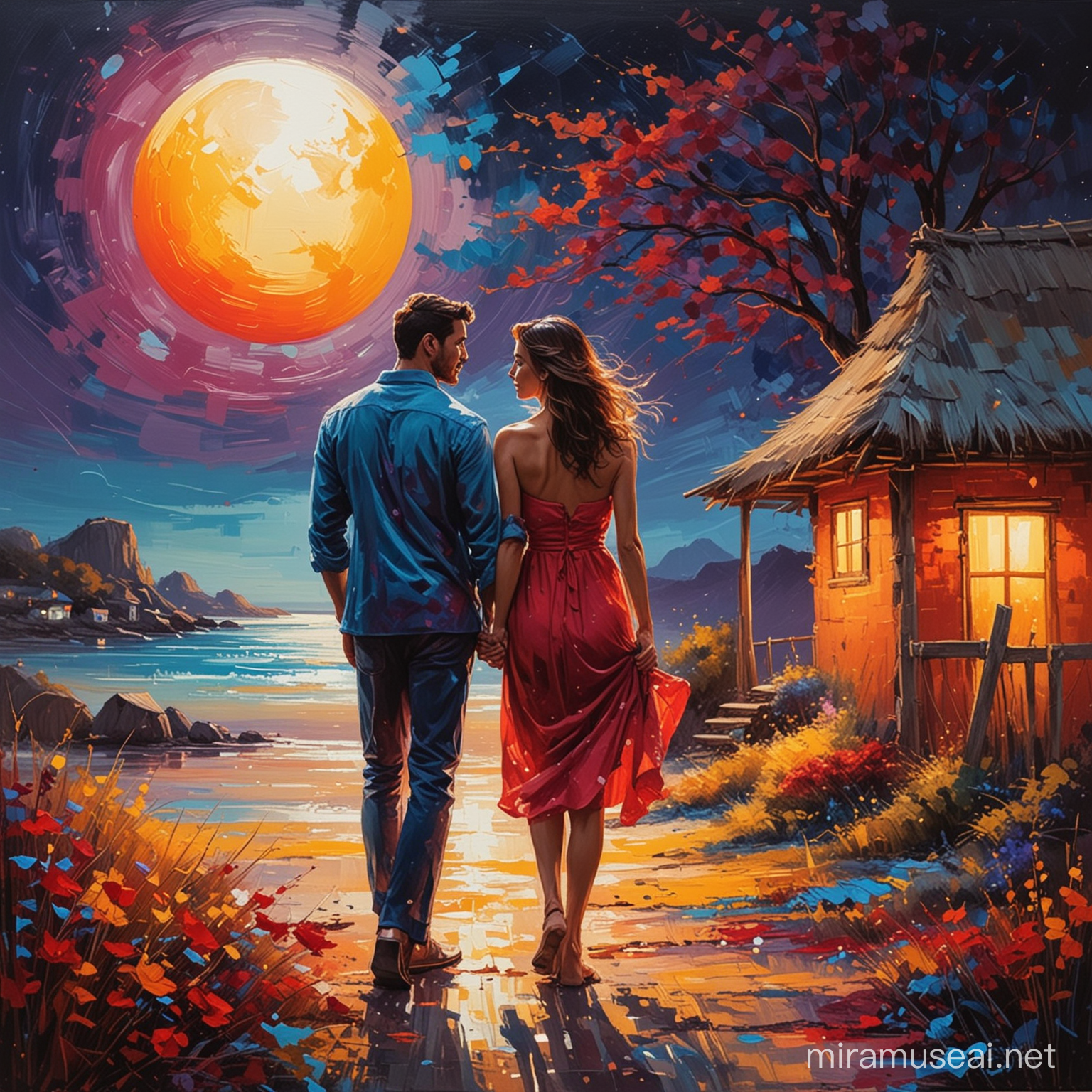 Romantic Couple Embracing under Moonlight by Thatched Hut