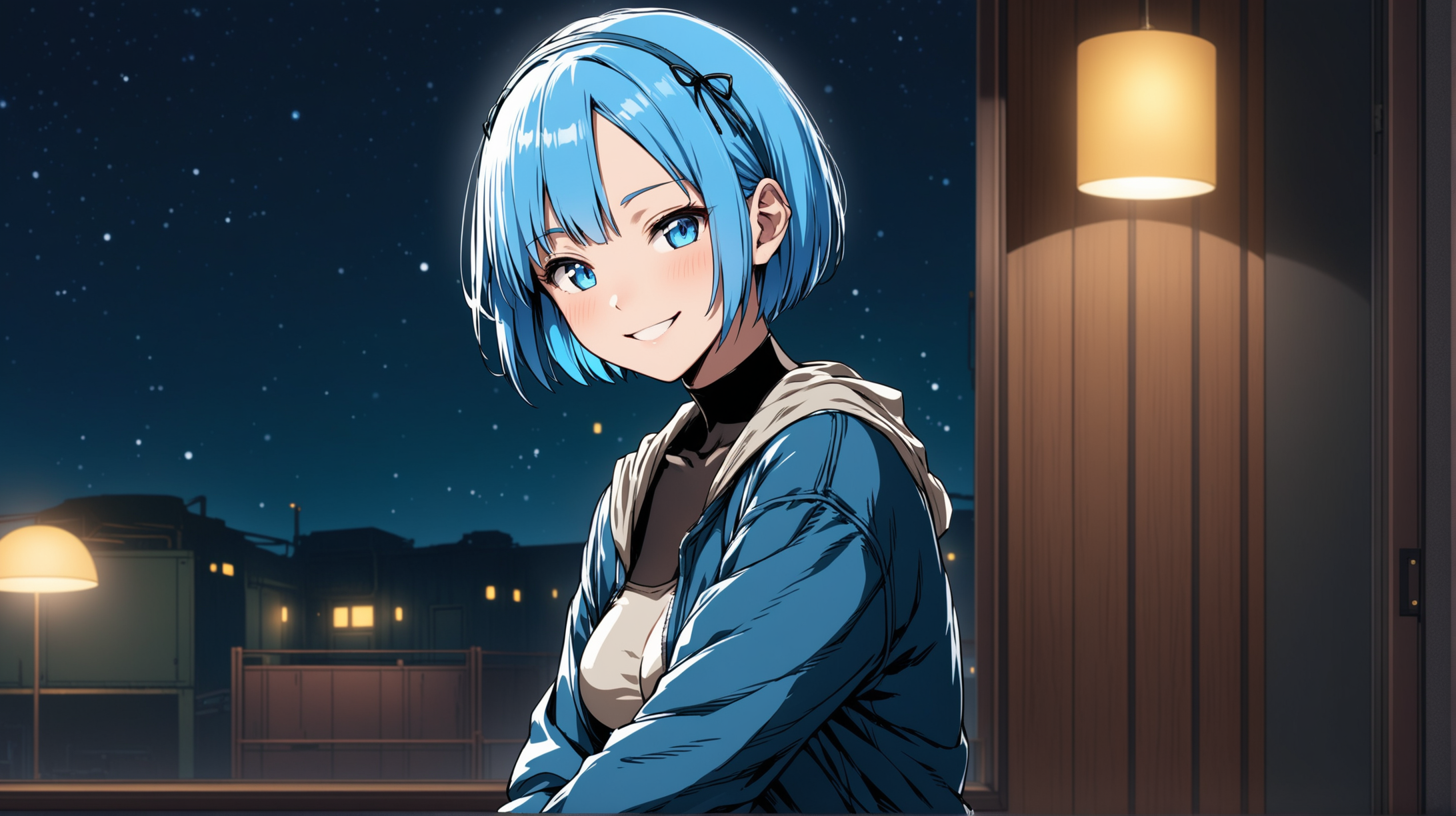 Rem in FalloutInspired Attire Relaxing Indoors at Night