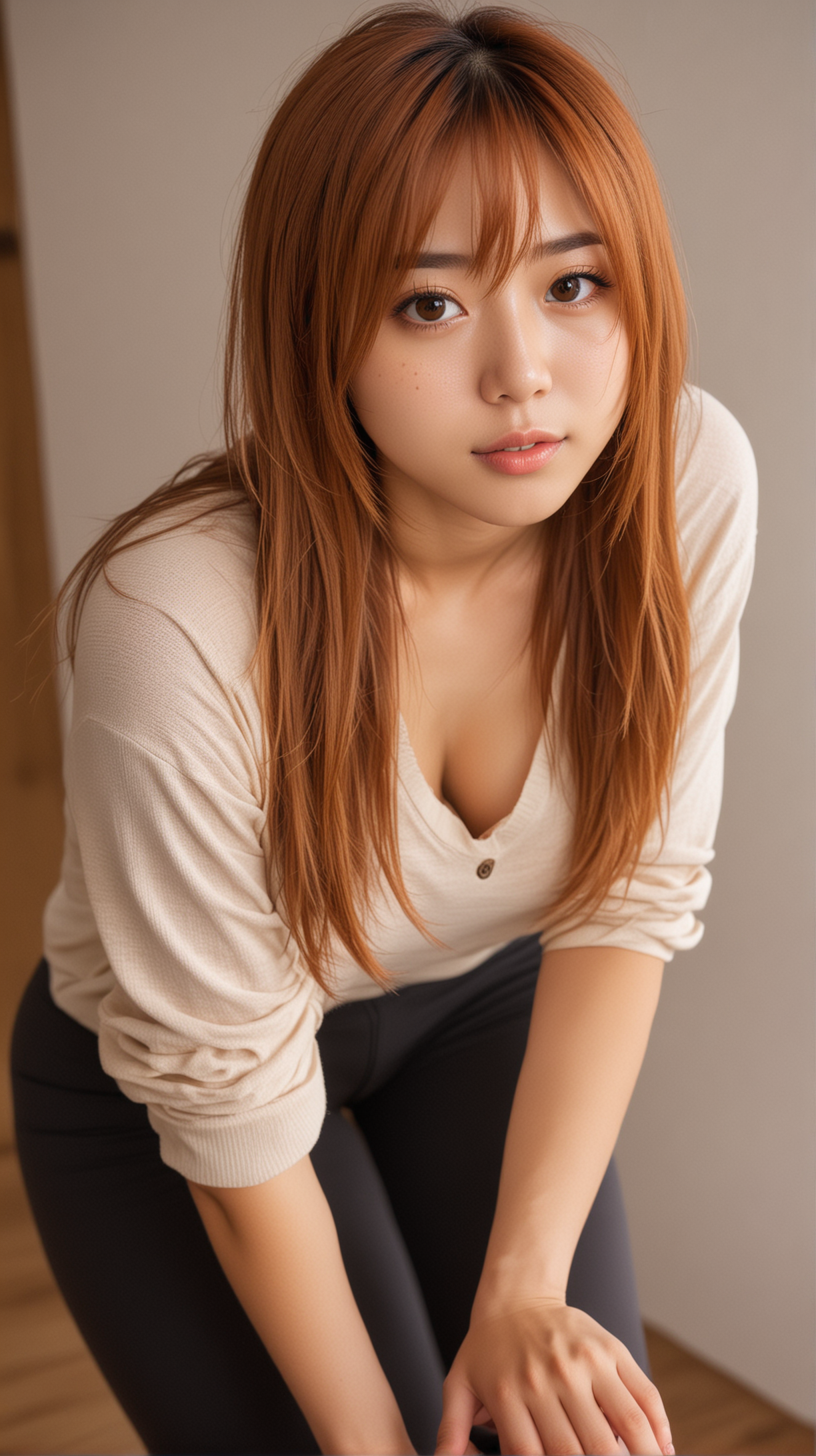 Fullbody Japanese girl with caramel-colored medium length hair, freckles and huge amber eyes. Fullbody posing sexy with leggings