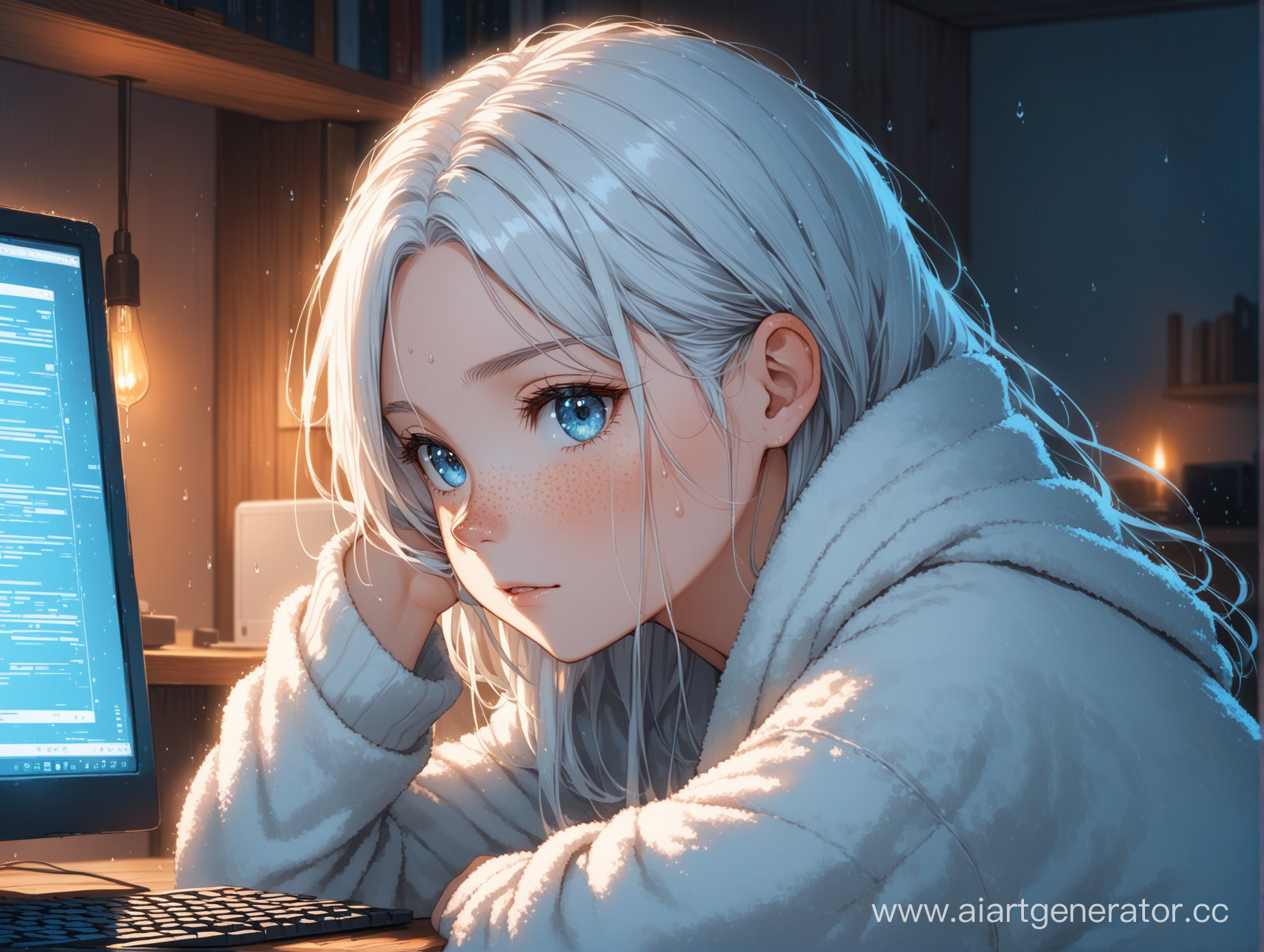 девушка играющая в компьютер с белыми влажными волосами до плеч немного веснушек, с холодными синими глазами в уютной атмосфере будто во сне