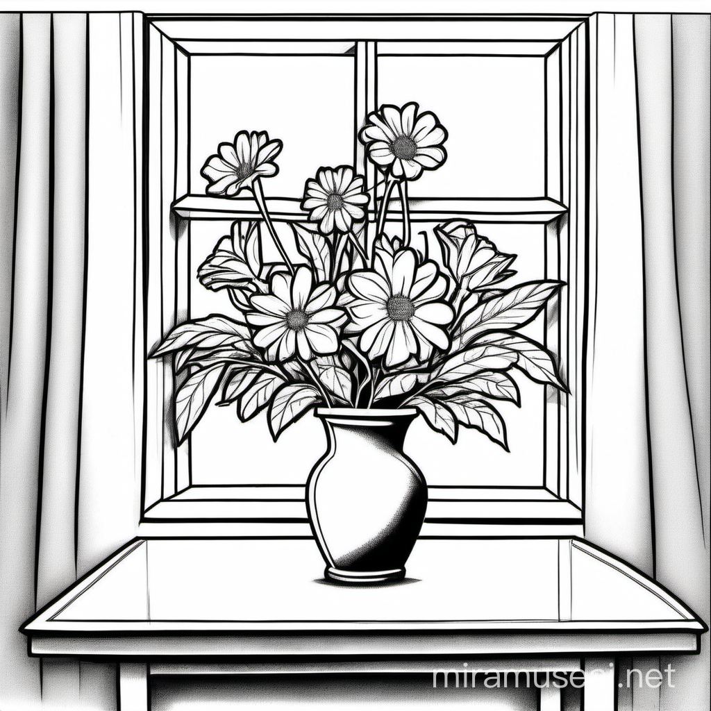 a simple vase of flowers with a window behind it and the vase is on a simple table make it easy to draw simpler to draw flowers make 
