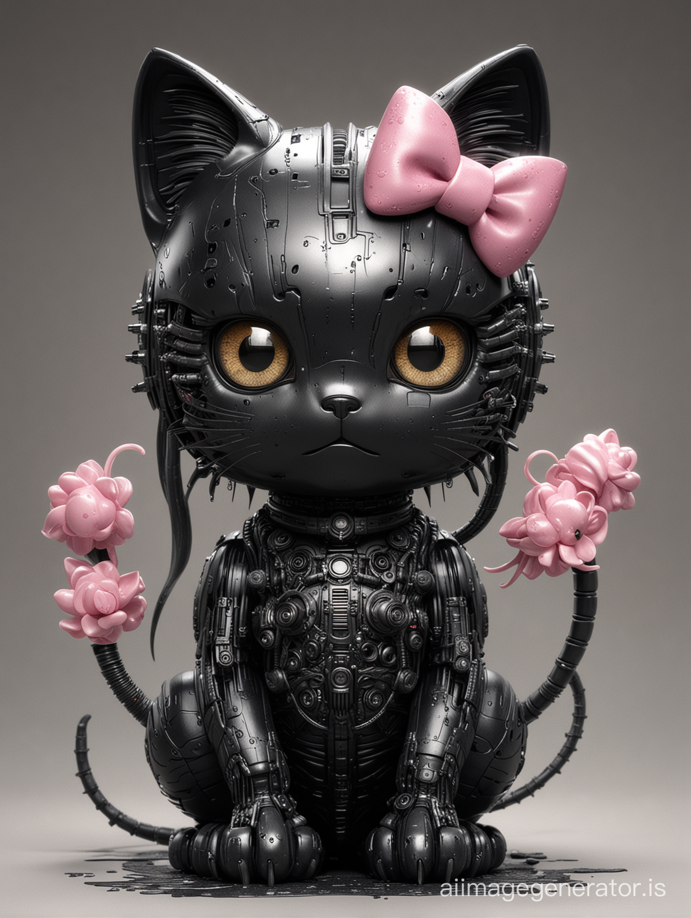Black Robot cat in a style mashup ofYūko Shimizu ( Hello Kitty) + Giger. 