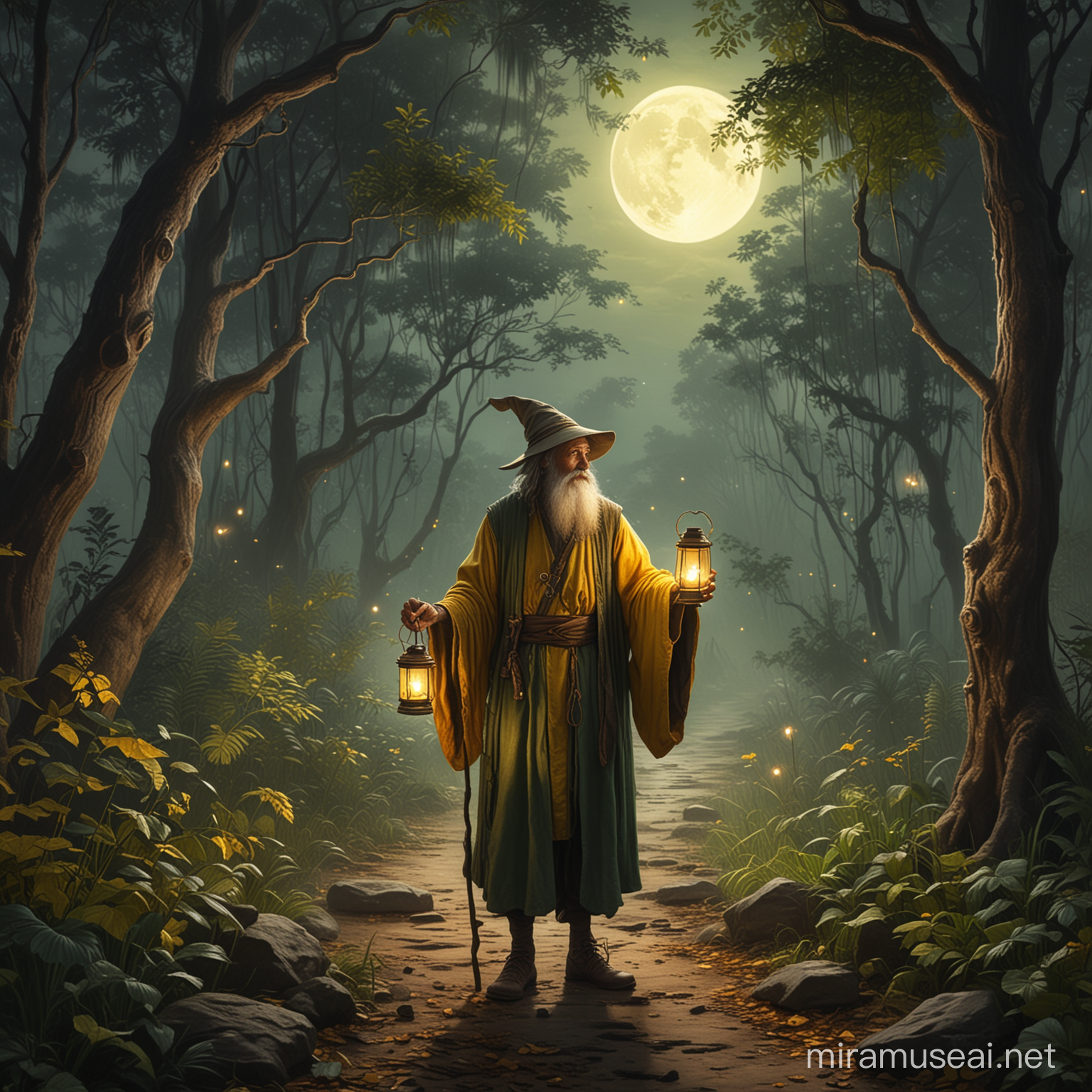 Solitary Wizard with Lantern and Wooden Staff in Enchanted Jungle at Night