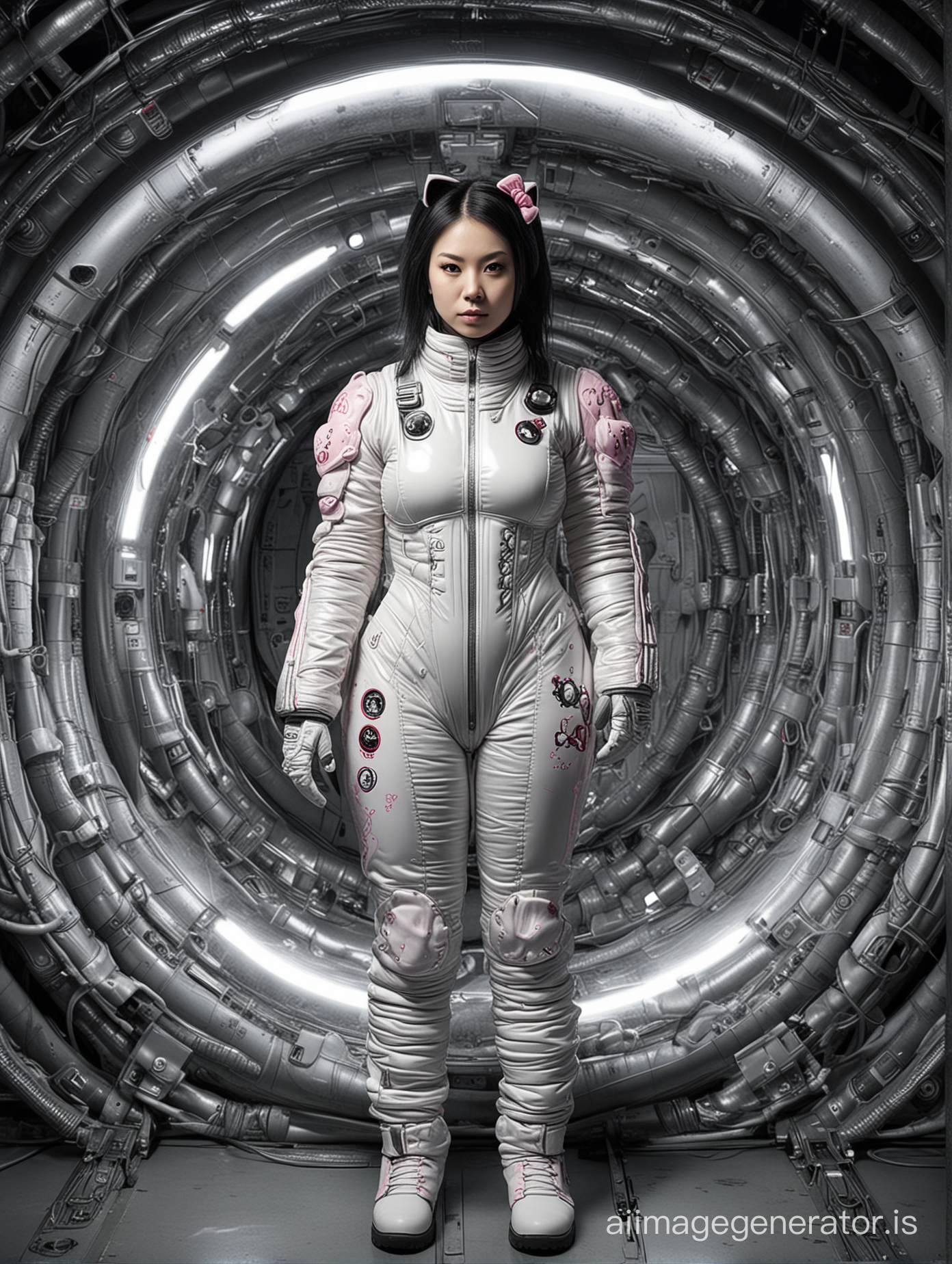 Beautiful woman in spacesuit mashup ofYūko Shimizu ( Hello Kitty) + Giger. Floating in a spherical padded scifi room, with Hello Kitty posters and giger alien posters on the walls.
