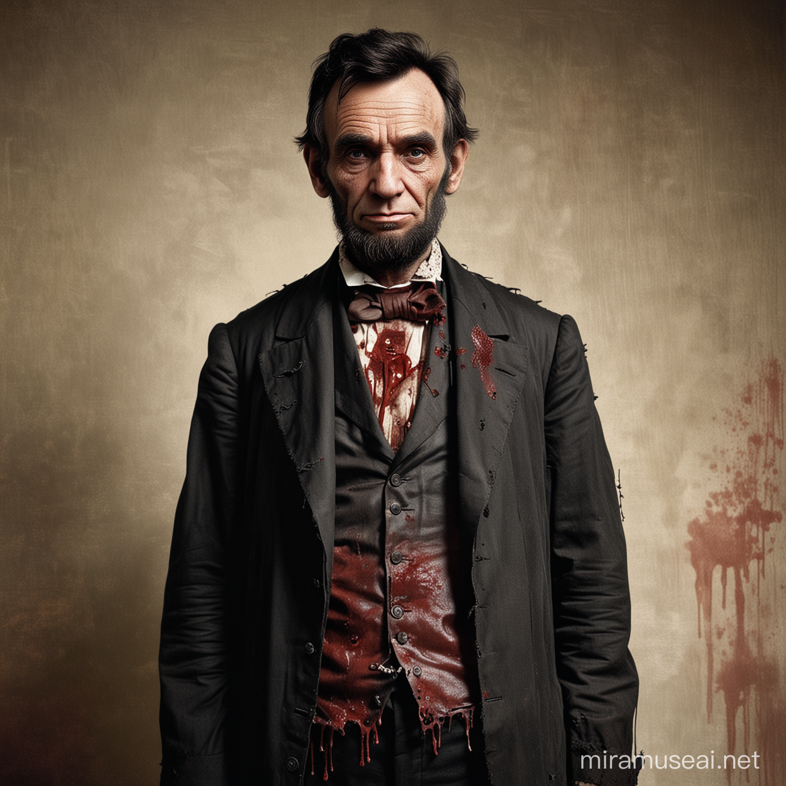 Abraham Lincoln wearing tattered and bloody clothes