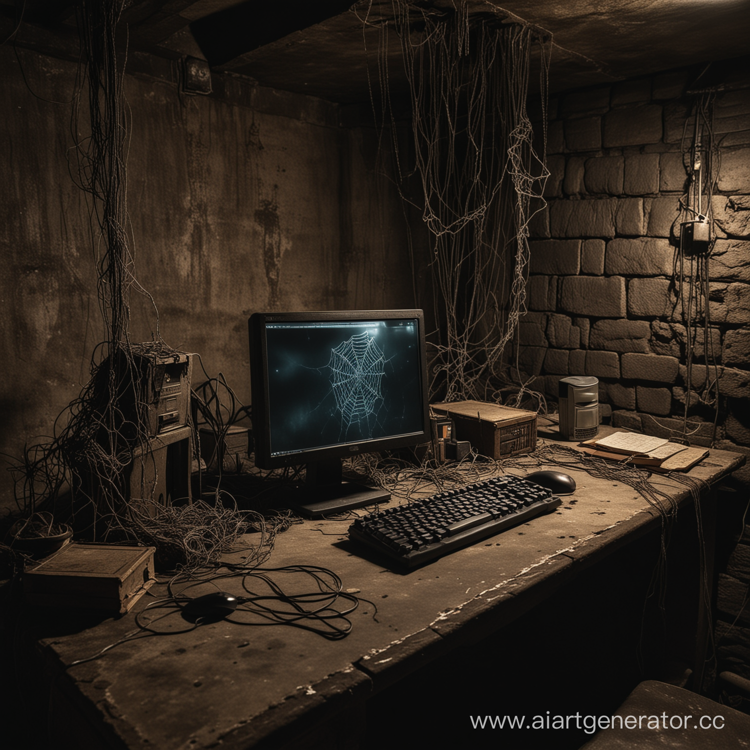 a computer on a desk , in a dark scary dungeon basement , with cob webs 