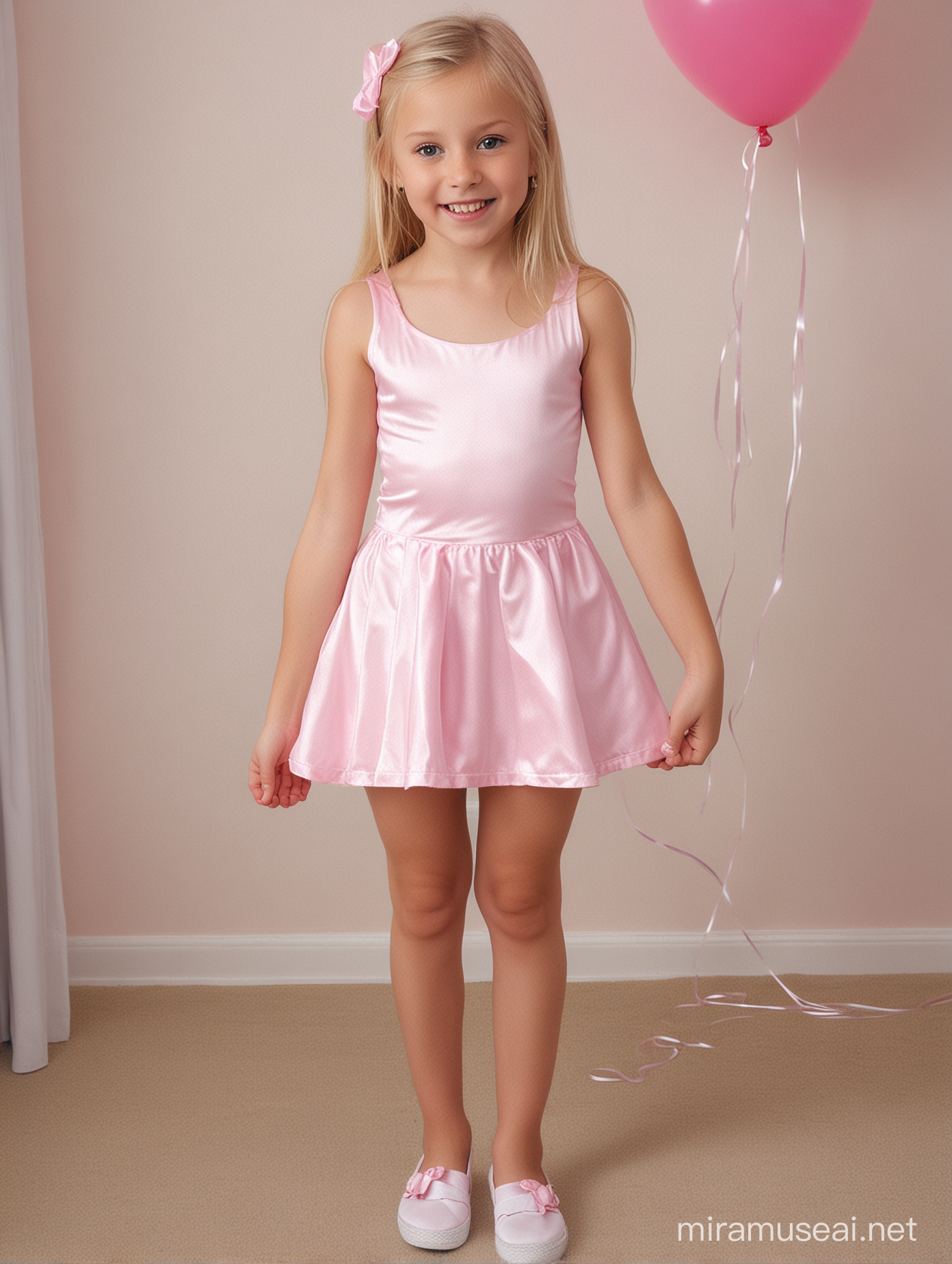 10 year old thin busty blonde girl in pink white tiny tight short party dress