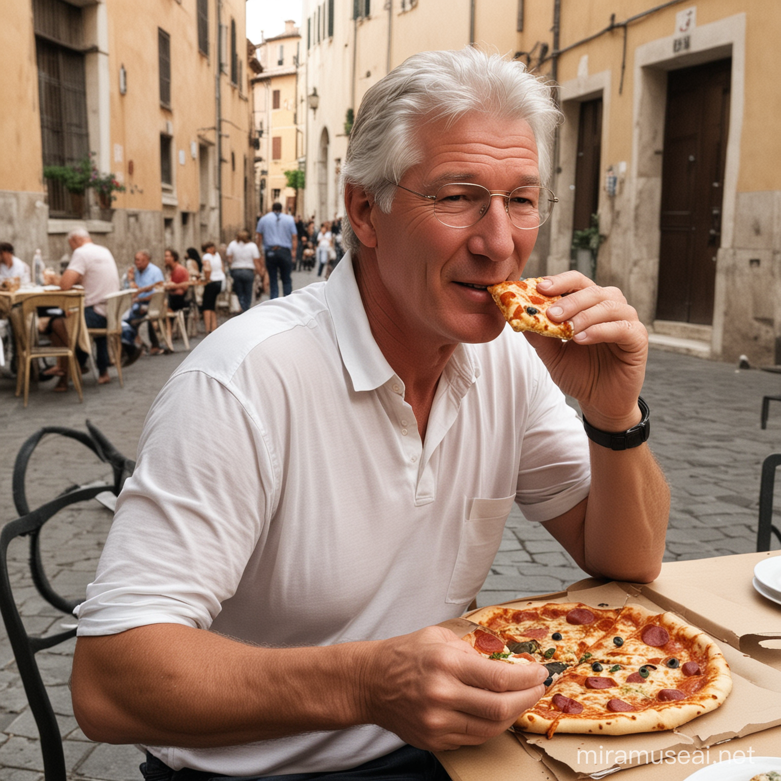 Richard Gere Enjoying Authentic Italian Pizza in Charming Italian Cafe