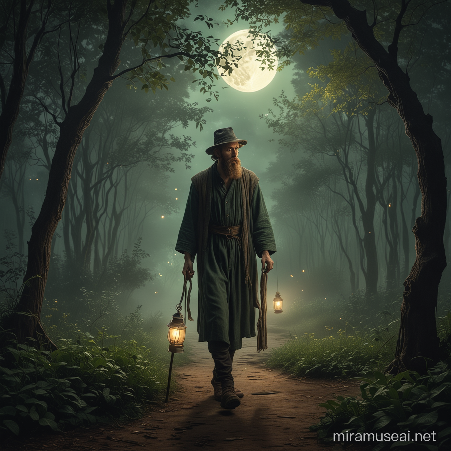 Solitary Young Wizard with Lantern in Jungle Night Scene