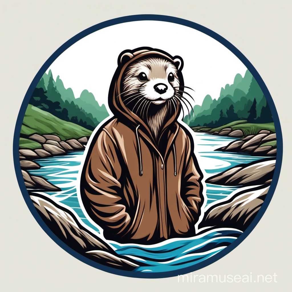 Logo redondo con una nutria con chaqueta de capota y un río de fondo 
