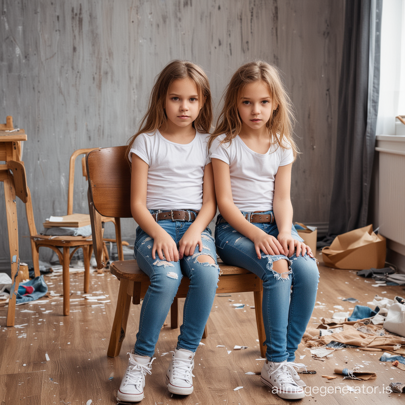 photo of two girls,13years,ripped tight jeans with belt,stern face,sitting on a chair in a messy children's room