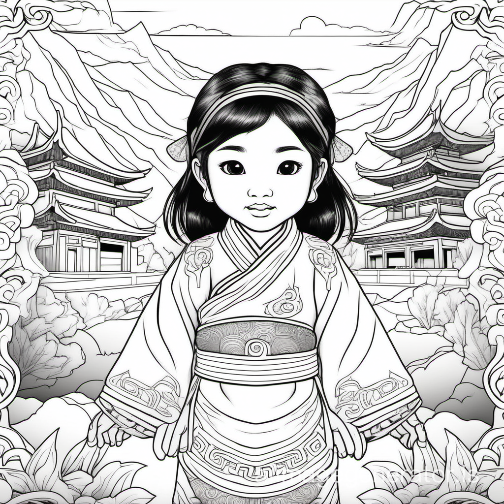 coloring book image of little asian girl being a legend
