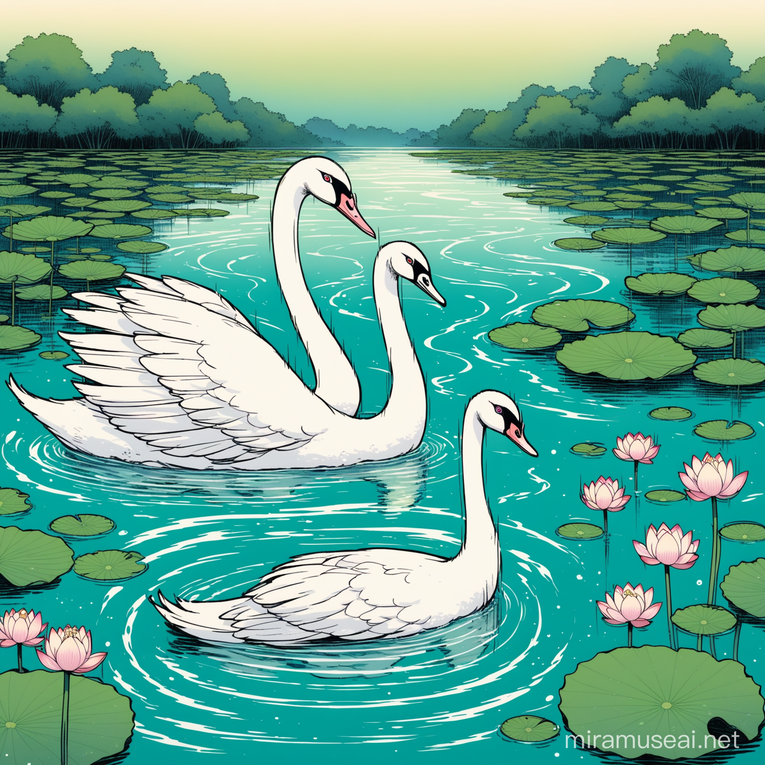 Lotus on pond water. A swan with a crane head and peackock head joined to the swan. Junji ito style,