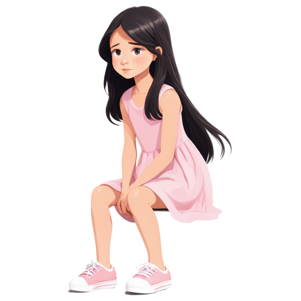 Cartoon drawing of a girl sitting down: A beautiful little girl with white skin, big hazel eyes and long black hair. She is upset crying and hurting. She is around 13 years old. She is wearing a pink dress and white shoes. 