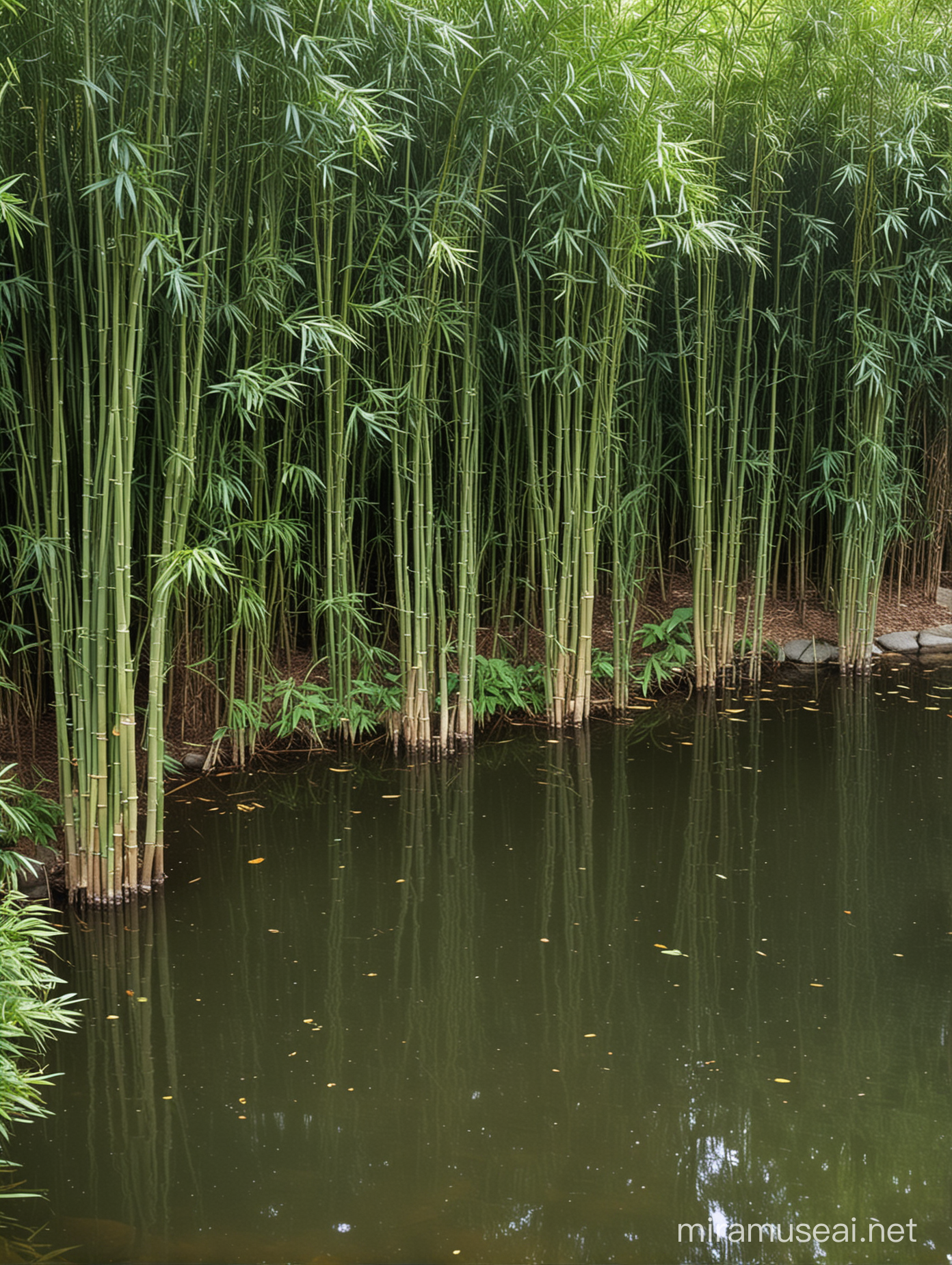 short and small clumps of 
bamboo overhanging a pond