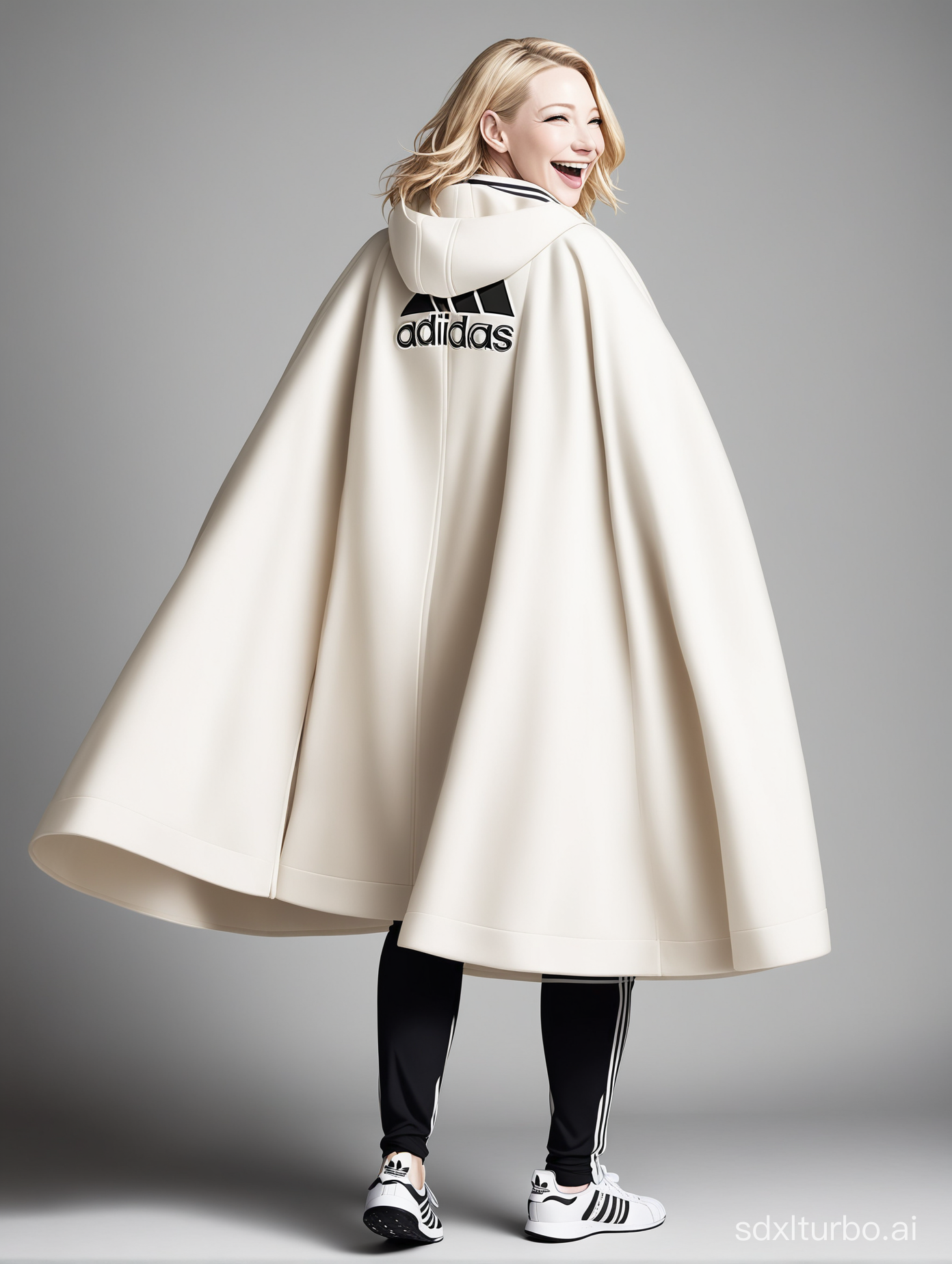 inko Kawauchi's photographic portrait of  Cate Blanchett,full body,huge  breast ,laughing , white cloak coat with adidas logo on it ,back view