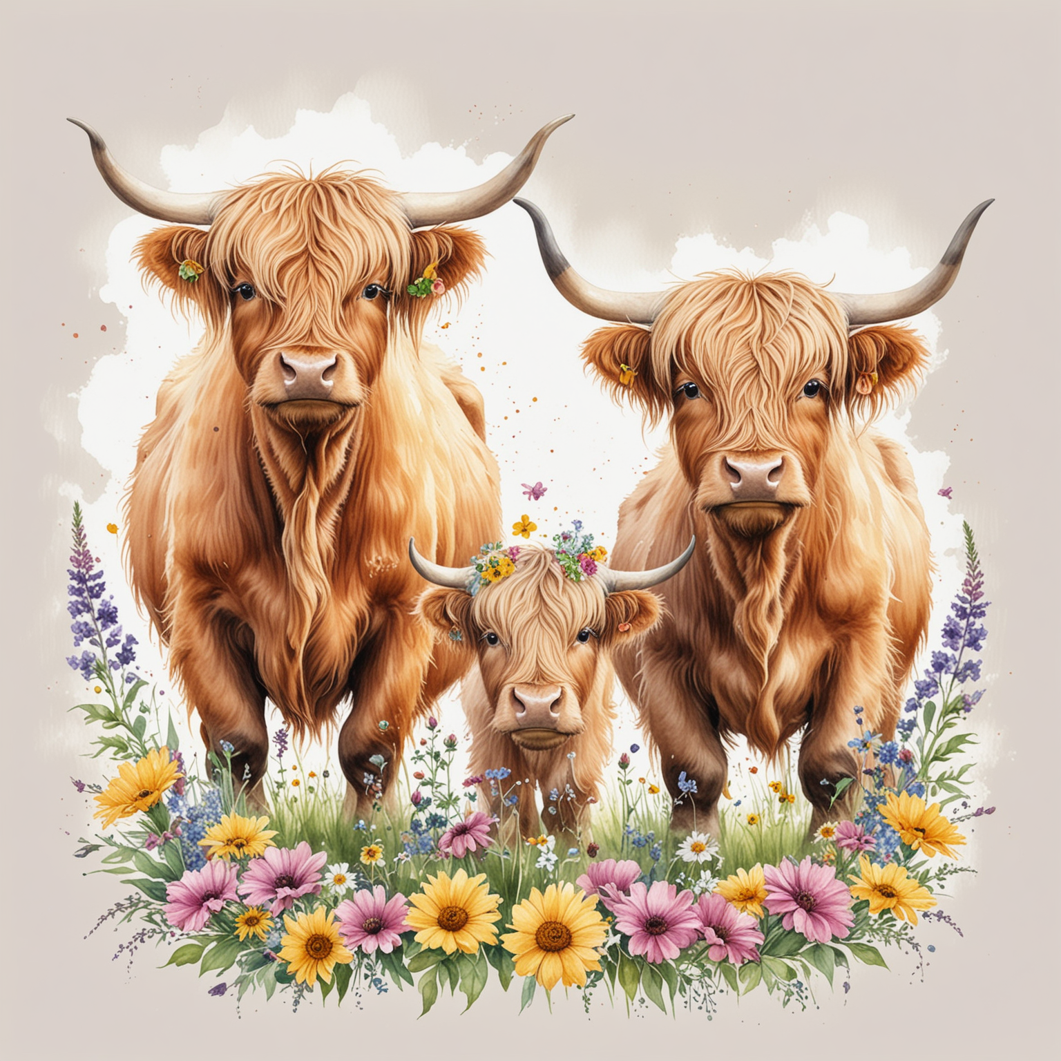Watercolour drawing, highland cows, with flowers, cute, isolated on white background, suitable for Clip Art