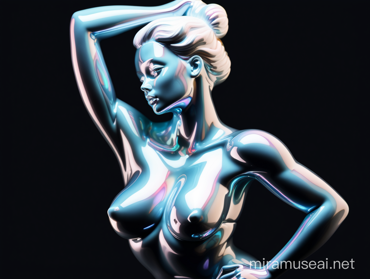 Dynamic Portrait of a Shiny Iridescent Porcelain Woman on Black Background