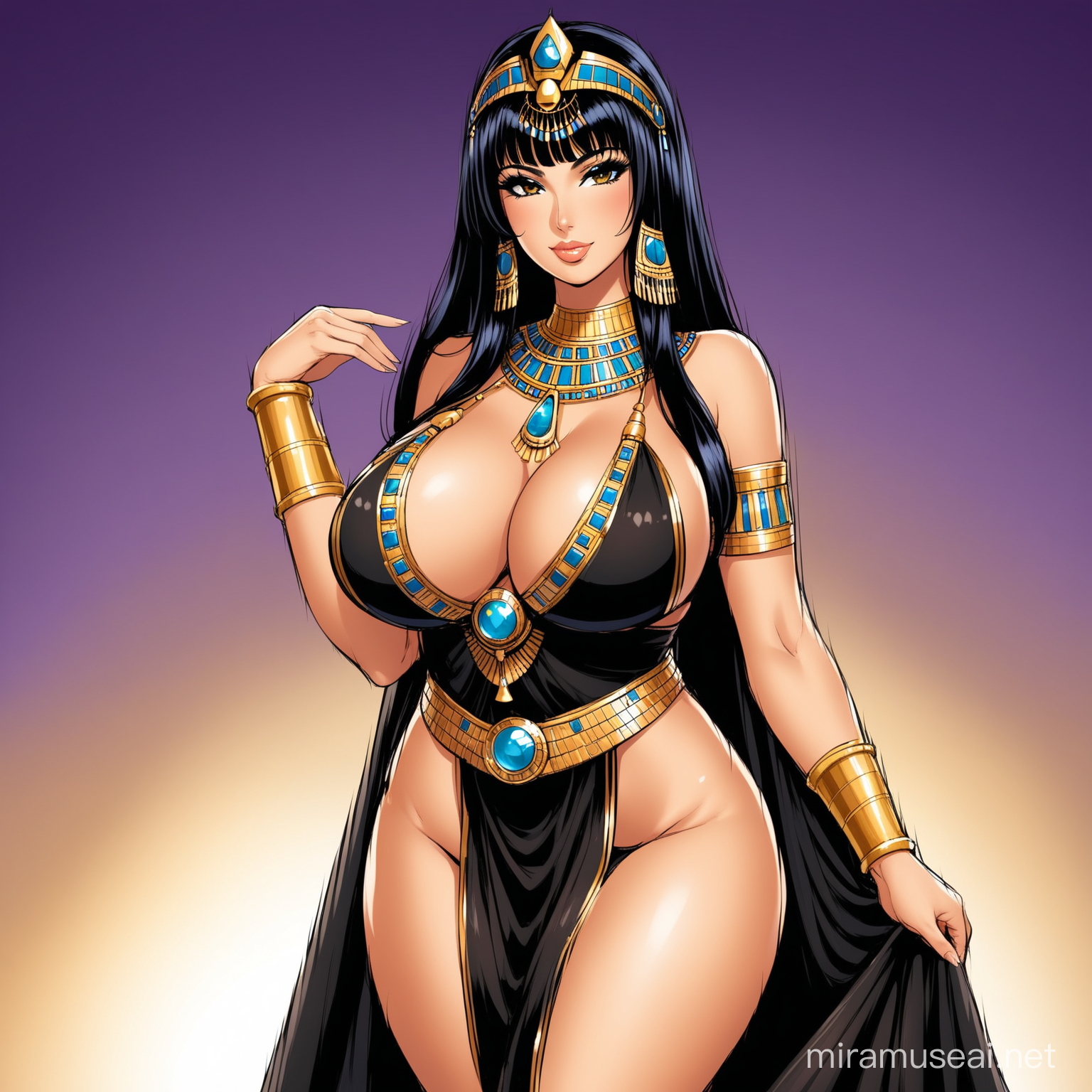  Busty and curvy Cleopatra with long black hair and diadem and egyptian gown looking like denise milani