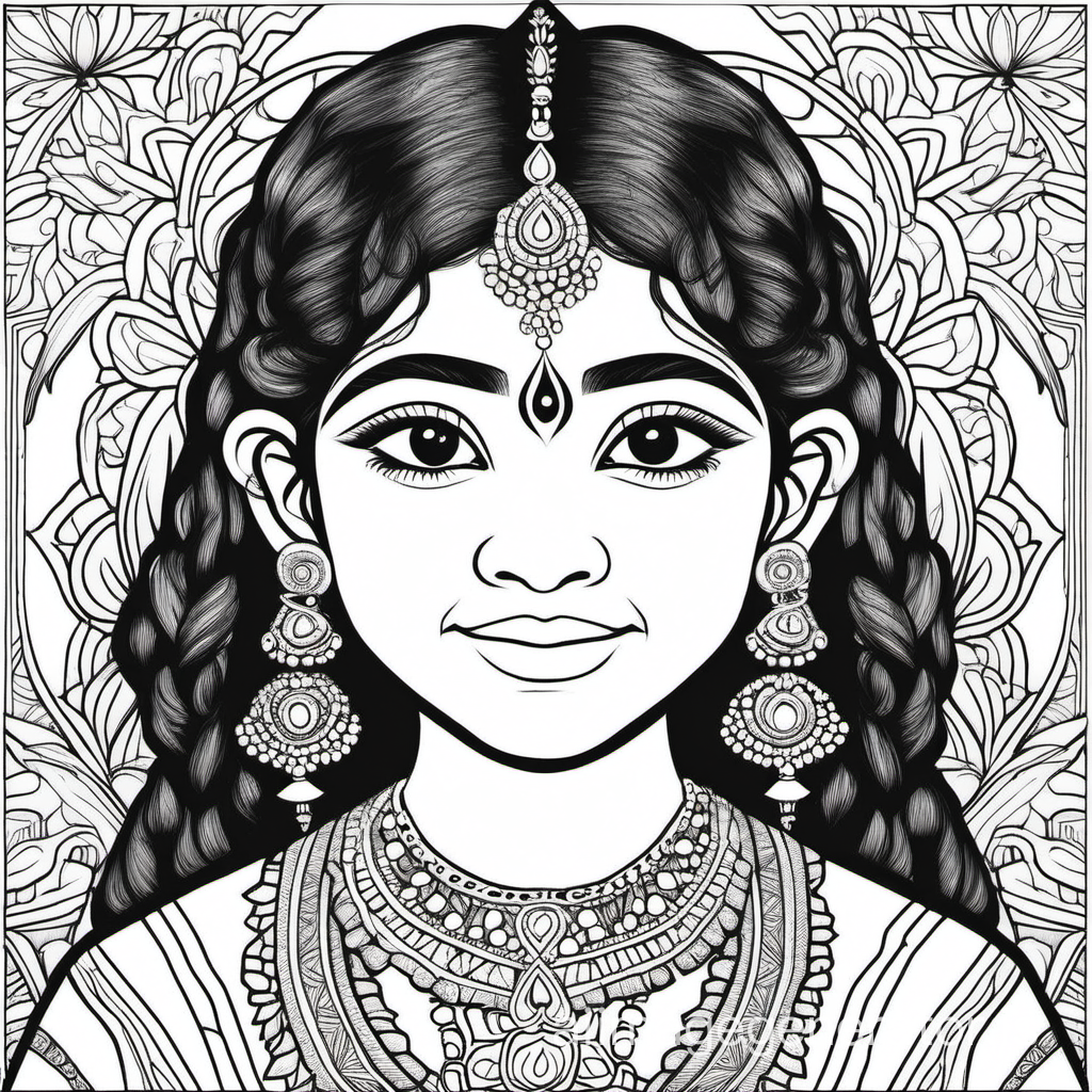 coloring book image of young girl from india
