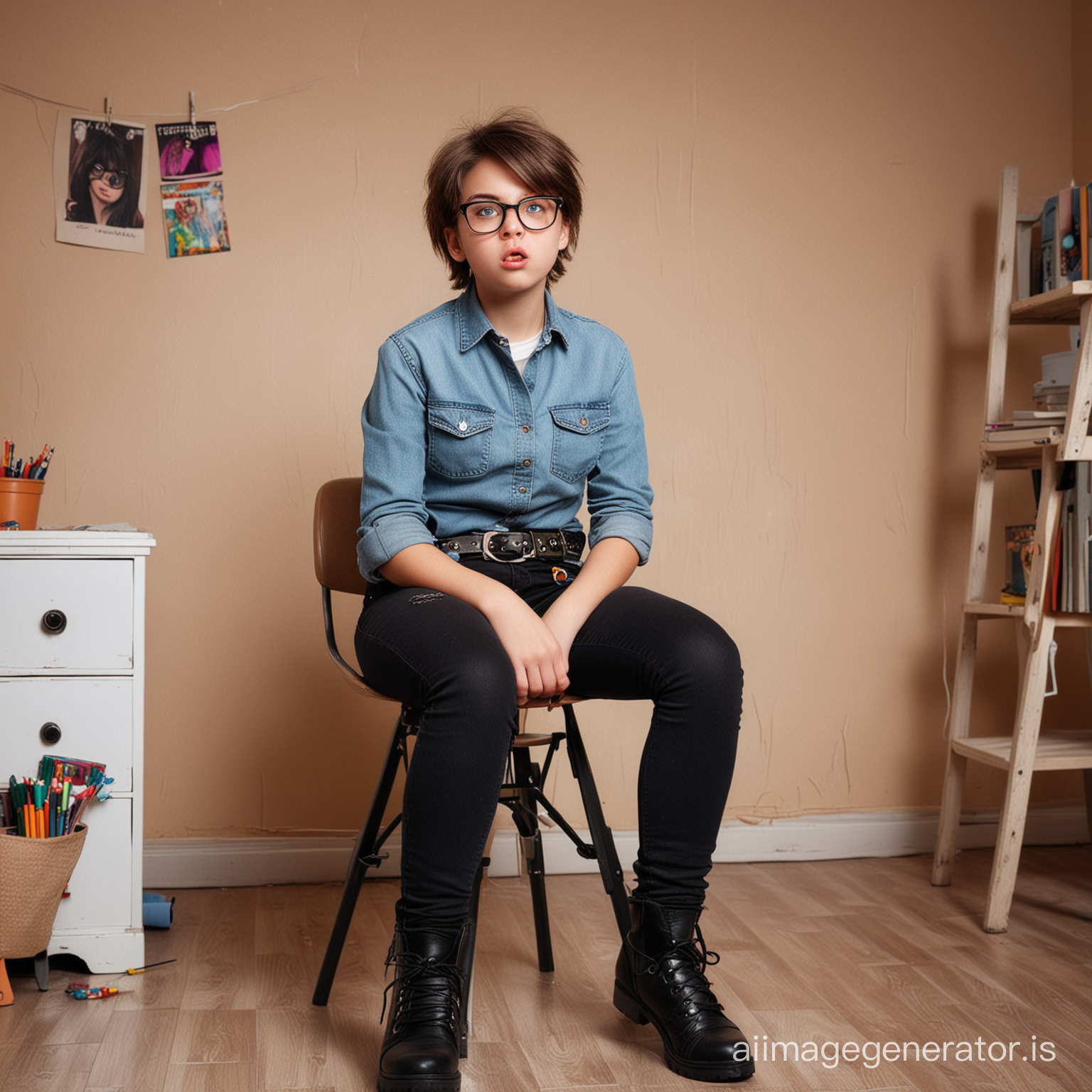 photo of a curvy ugly girl,14 years old,short hair,glasses,very skinny black tight jeans with belt,angry face,sitting on a chair in a messy children's room