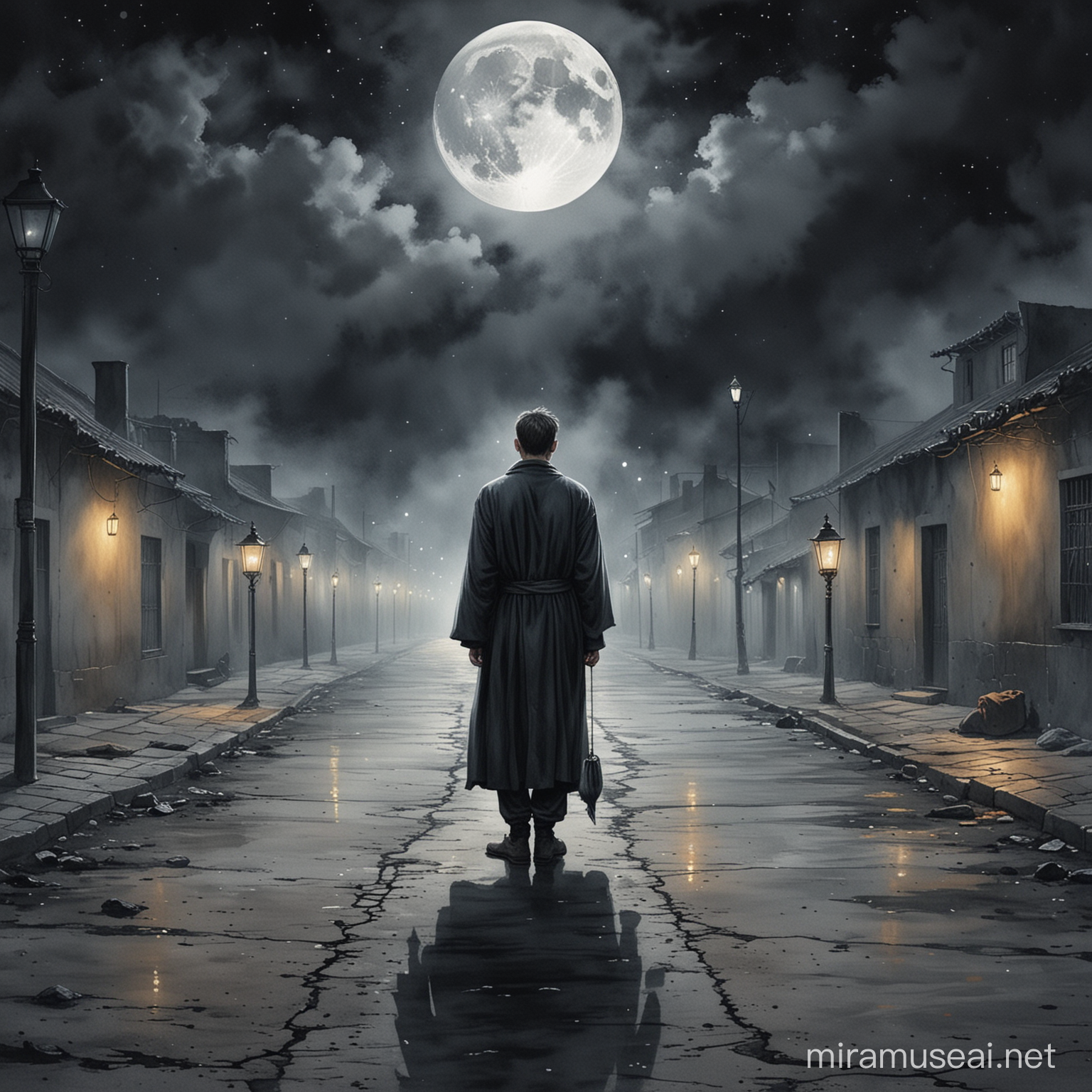 Lonely Man with Lantern in Cold Endless Street Under Full Moon