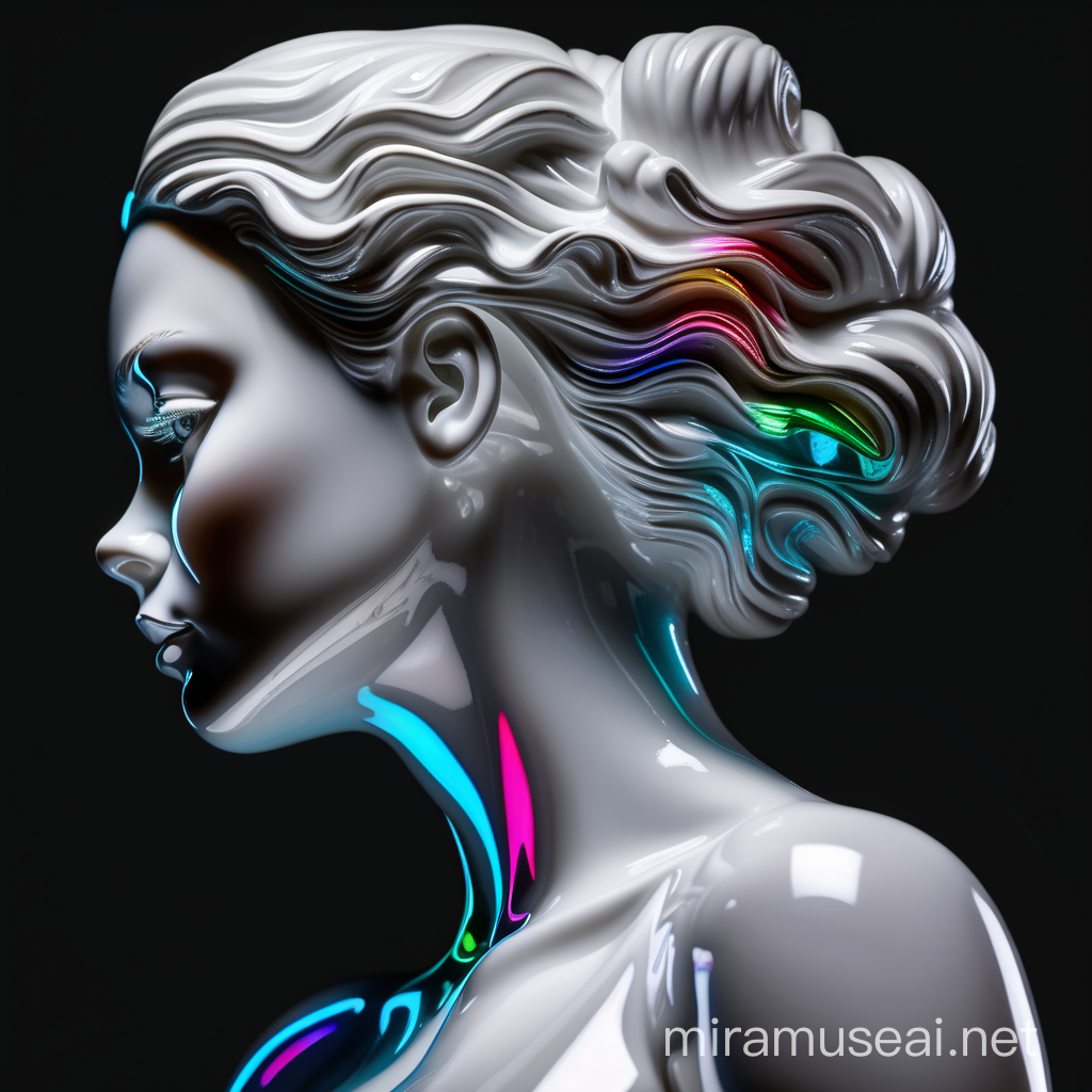 Dynamic Portrait of a Shiny Iridescent Porcelain Woman on Black Background