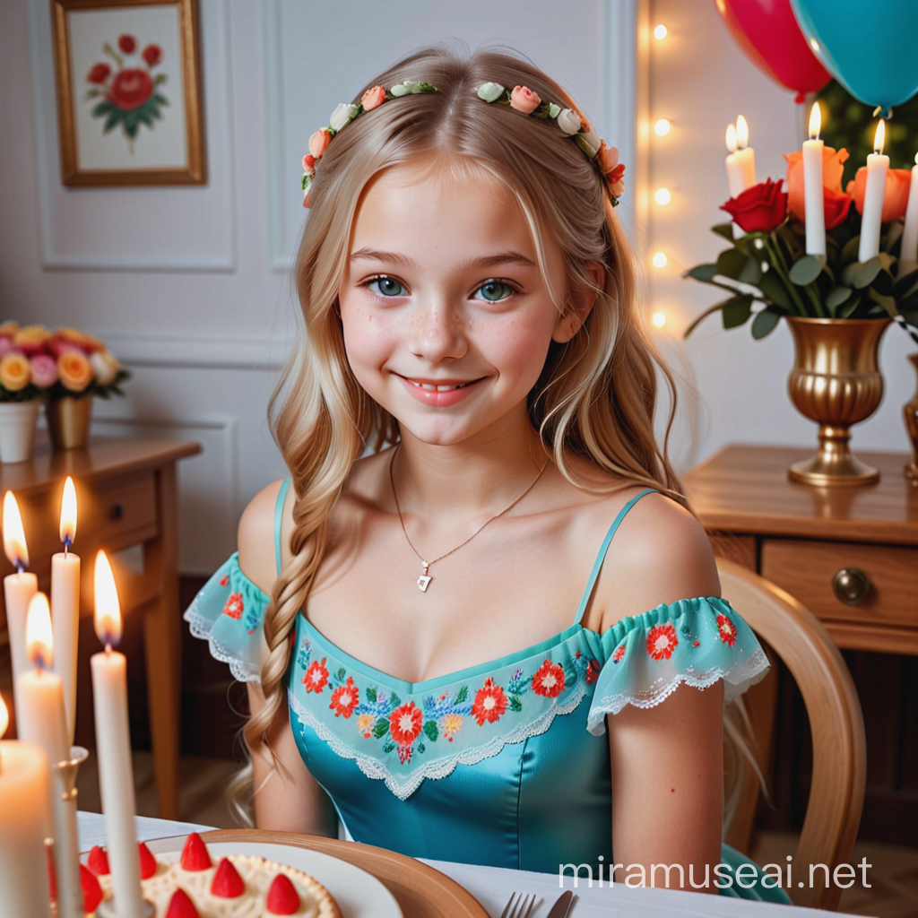 Celebrating 14th Birthday Russian Girl in Elegant Blue Dress with Cake