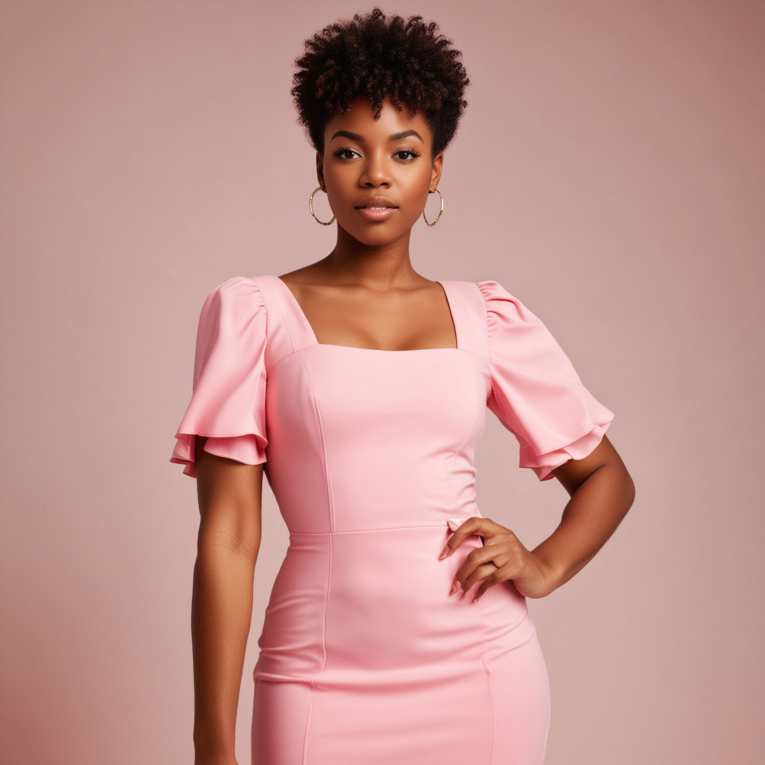black woman in pink fitted dress
