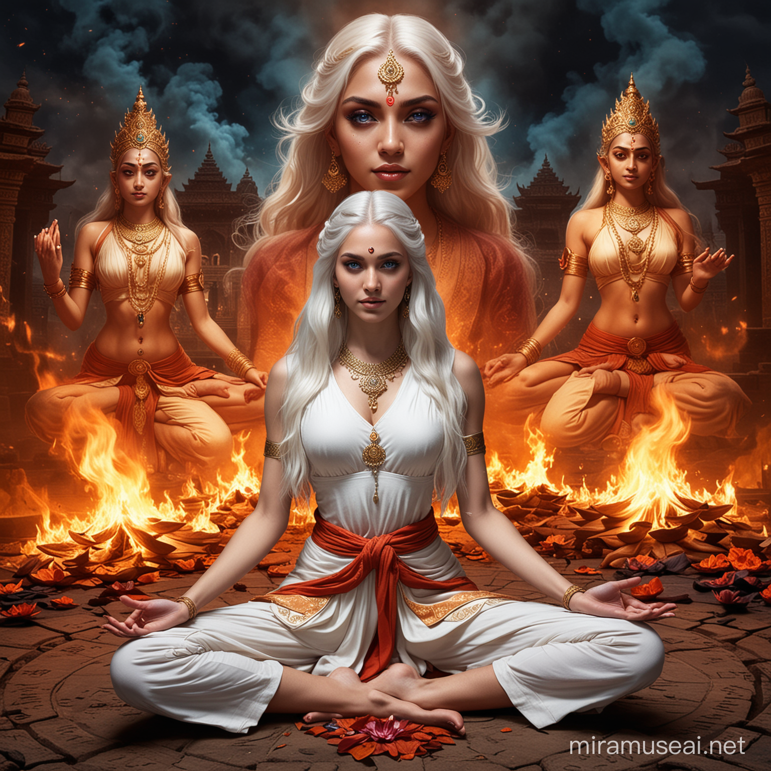Mystical Hindu Empress in Lotus Position Amidst Fiery Demonic Goddesses
