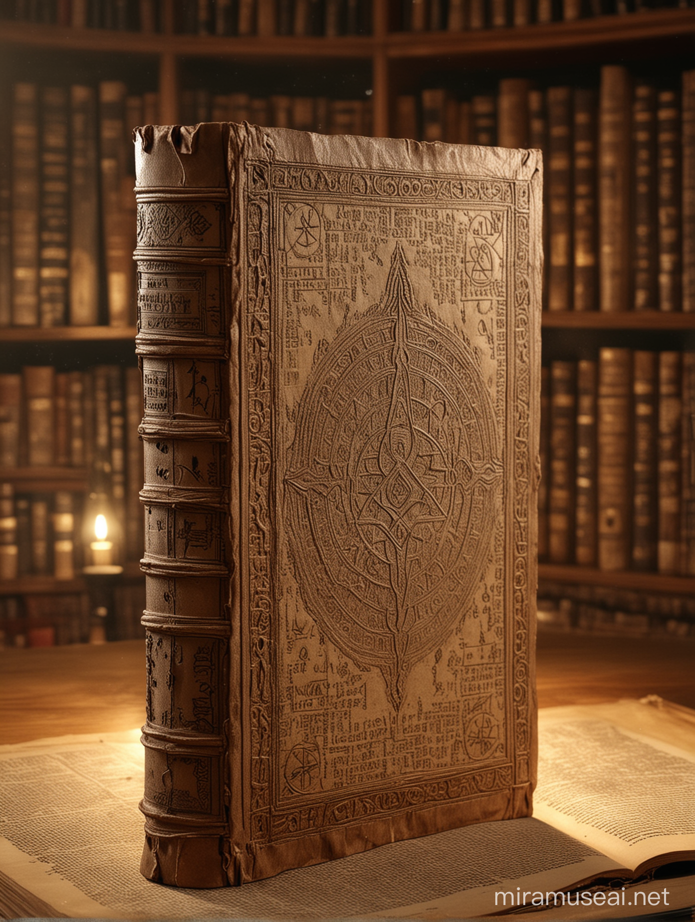 4K, A real professionally done Hyperdetailed  picture of A weathered and worn book, bound in aged beige leather with intricate symbols etched on its cover, resting on a pedestal in the dimly lit library, emanating an aura of mystery and intrigue.natural beauty --ar 69:128 --s 750 --v 5. 2