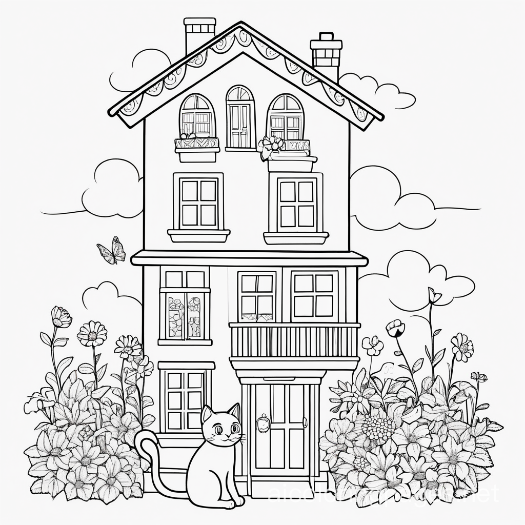 a cat on top a house with flowers, Coloring Page, black and white, line art, white background, Simplicity, Ample White Space. The background of the coloring page is plain white to make it easy for young children to color within the lines. The outlines of all the subjects are easy to distinguish, making it simple for kids to color without too much difficulty