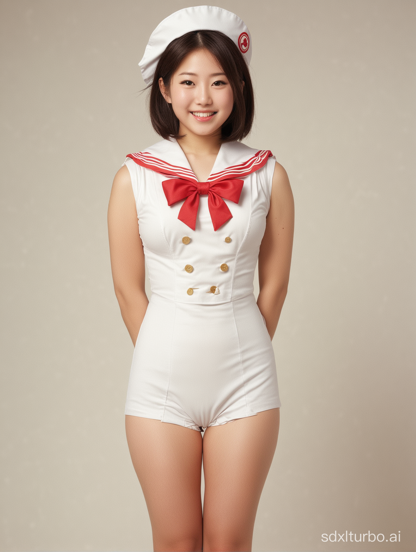 1  Japanese girl, about 20 yo，huge breast，sexy，full body, smile, sailor suit ，back view，Photograph by Loretta Lux