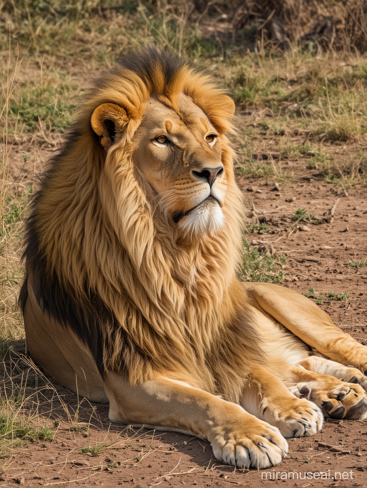 Majestic Lion Resting in Serene Savannah Landscape