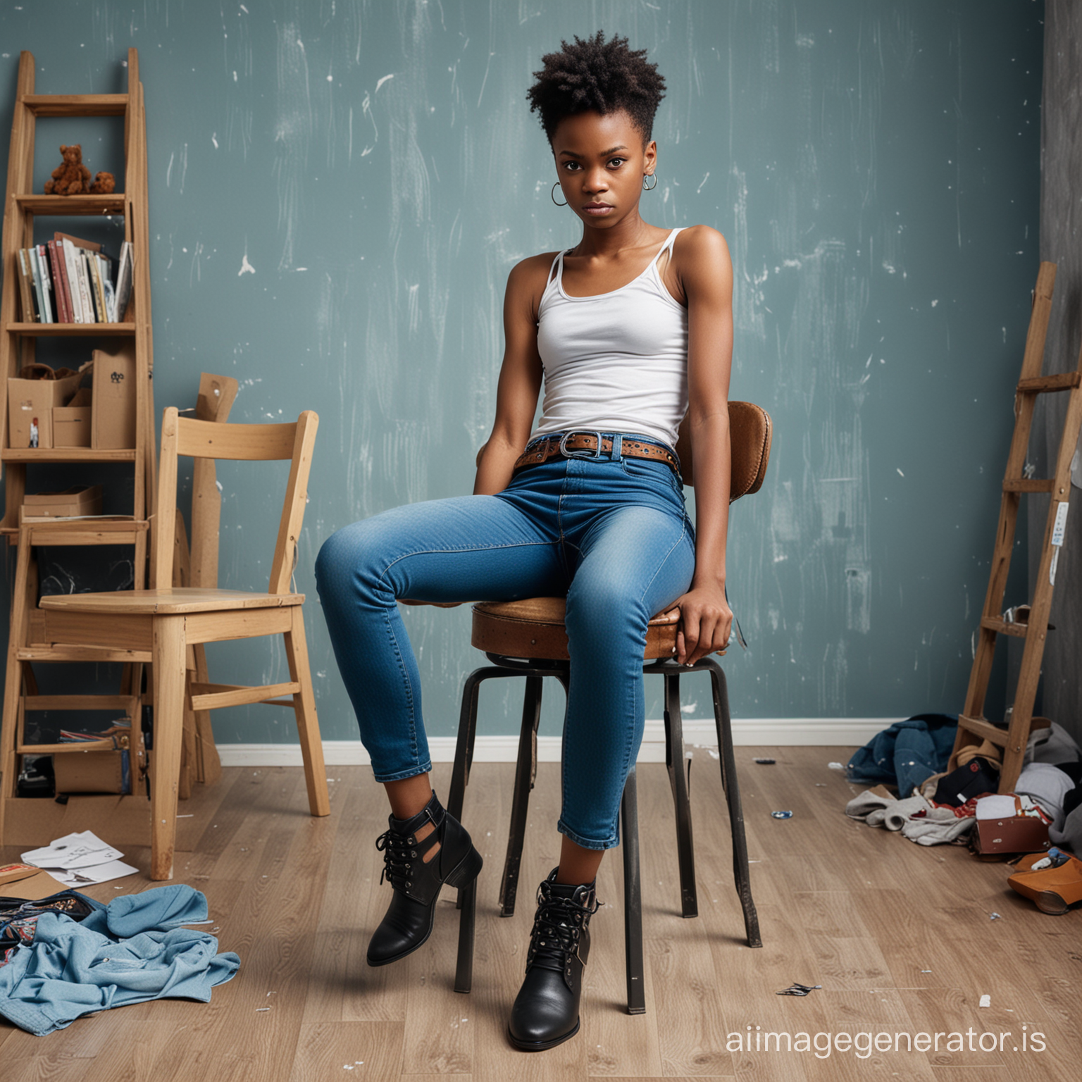 photo of a black mother,very skinny blue tight jeans with belt,angry face,sitting on a chair in a messy children's room