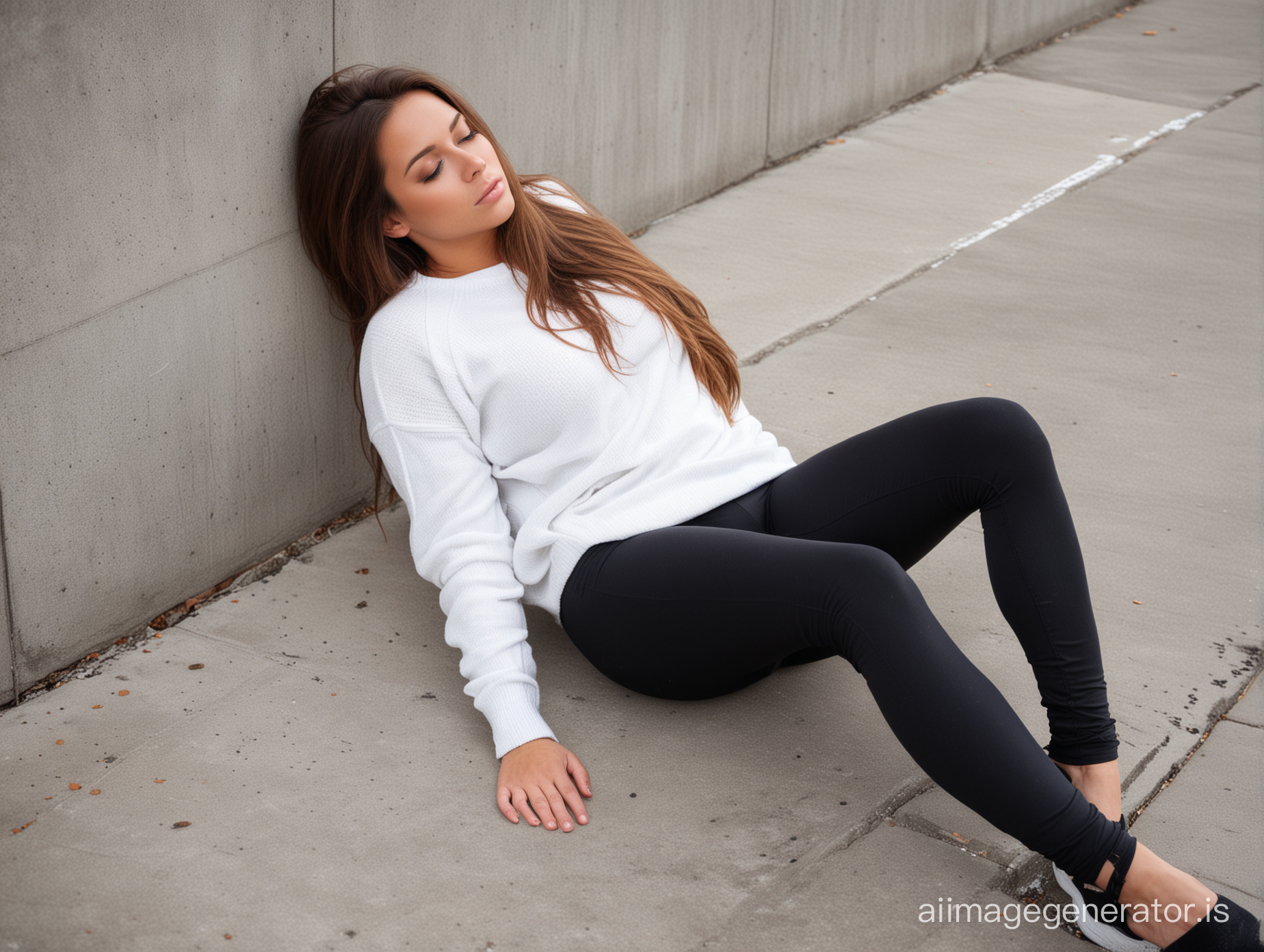 Girl, long brown hair, laying on stomach, huge thighs and black skin thigh leggings, no abs, fat, frown, laying on side, eyes closed, white sweater, frown, laying on concrete, ass up