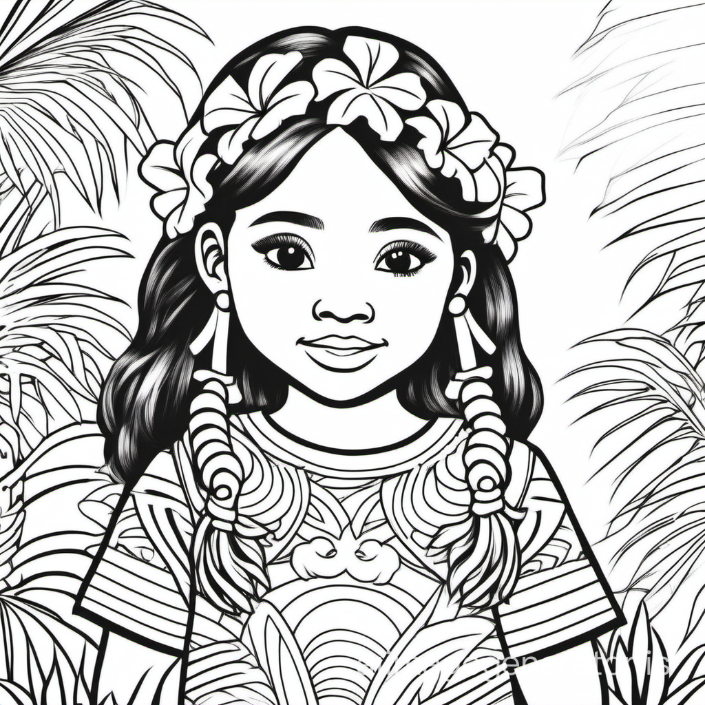 coloring book image of young confident girl from Hawaii
