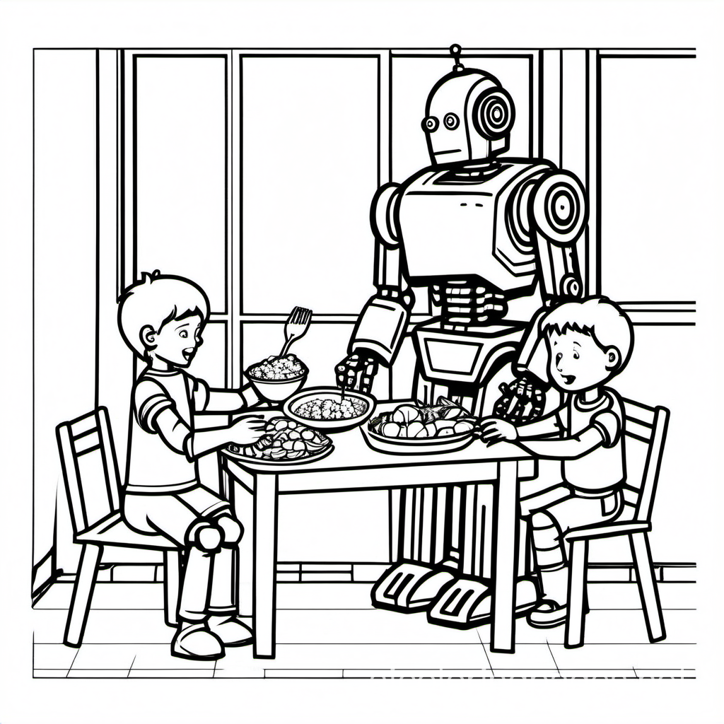 a robot serving a small family of 3 humans a delicious meal at home, Coloring Page, black and white, line art, white background, Simplicity, Ample White Space. The background of the coloring page is plain white to make it easy for young children to color within the lines. The outlines of all the subjects are easy to distinguish, making it simple for kids to color without too much difficulty