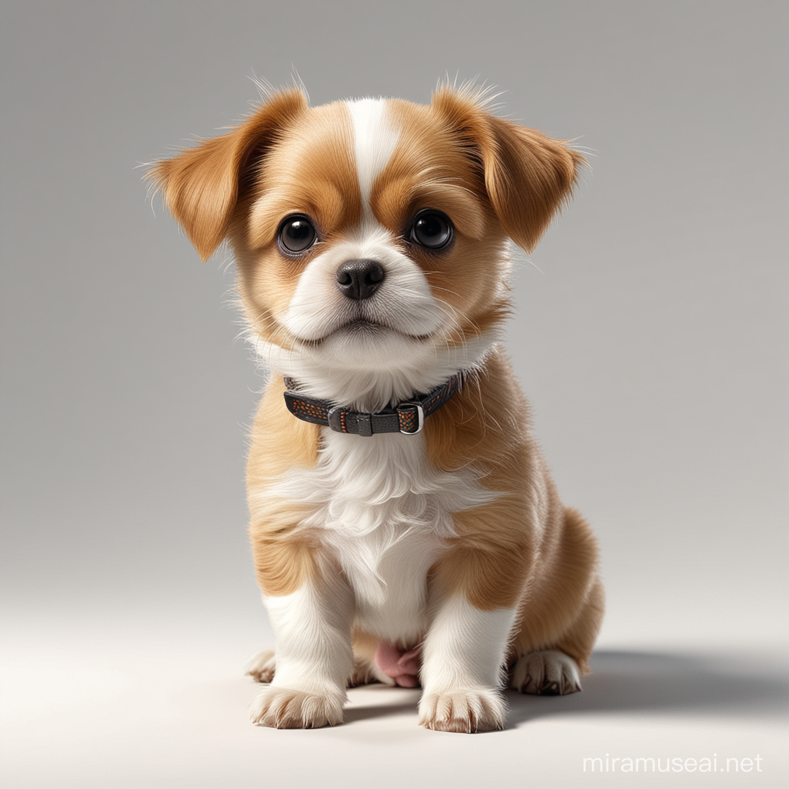 hyper realistic cute small dog sitting up with slight shadow, white background, 45 degree angle and slightly raised camera angle