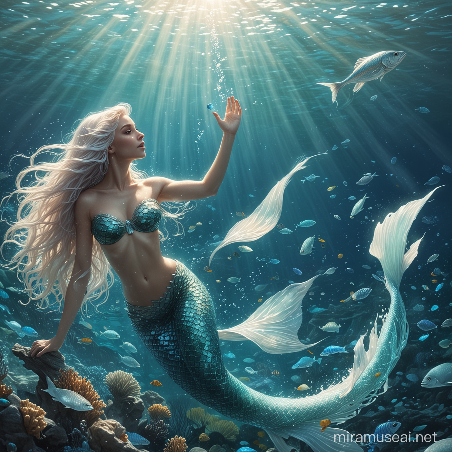 Vibrant Mermaid Fishing in Azure Waters with Blue Scales and White Hair