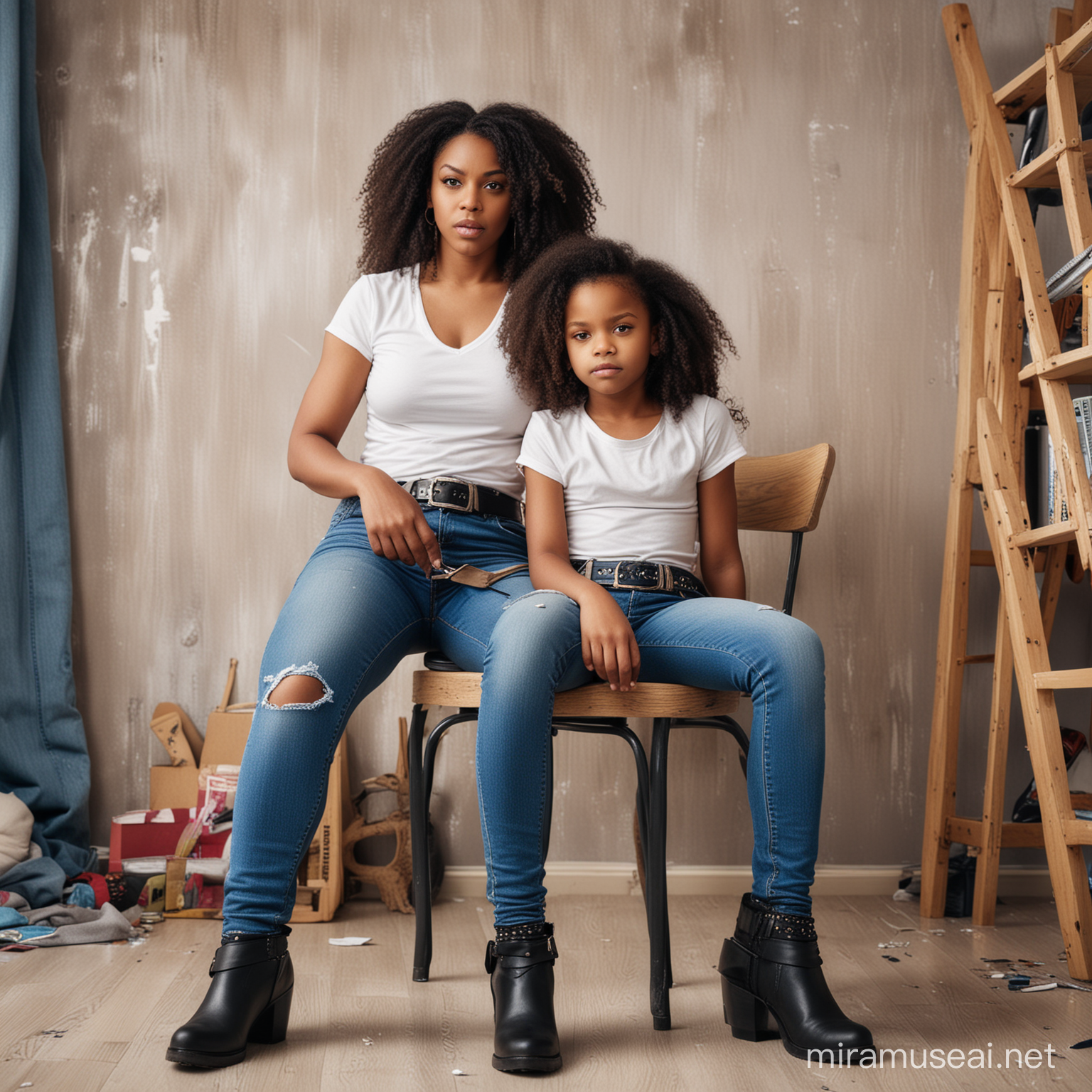 photo of a black curvy mother with her 9 years old daughter,very skinny blue tight jeans with belt,angry face,sitting on a chair in a messy children's room