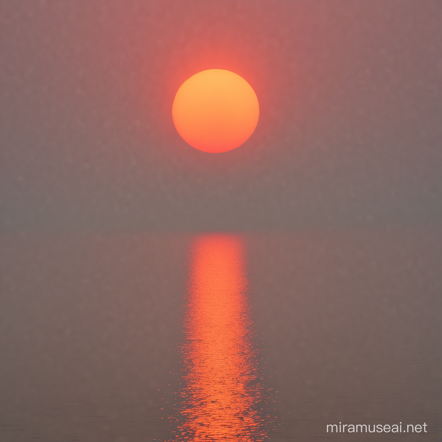 A setting red and gold sun partially obscured by a misty atmosphere 