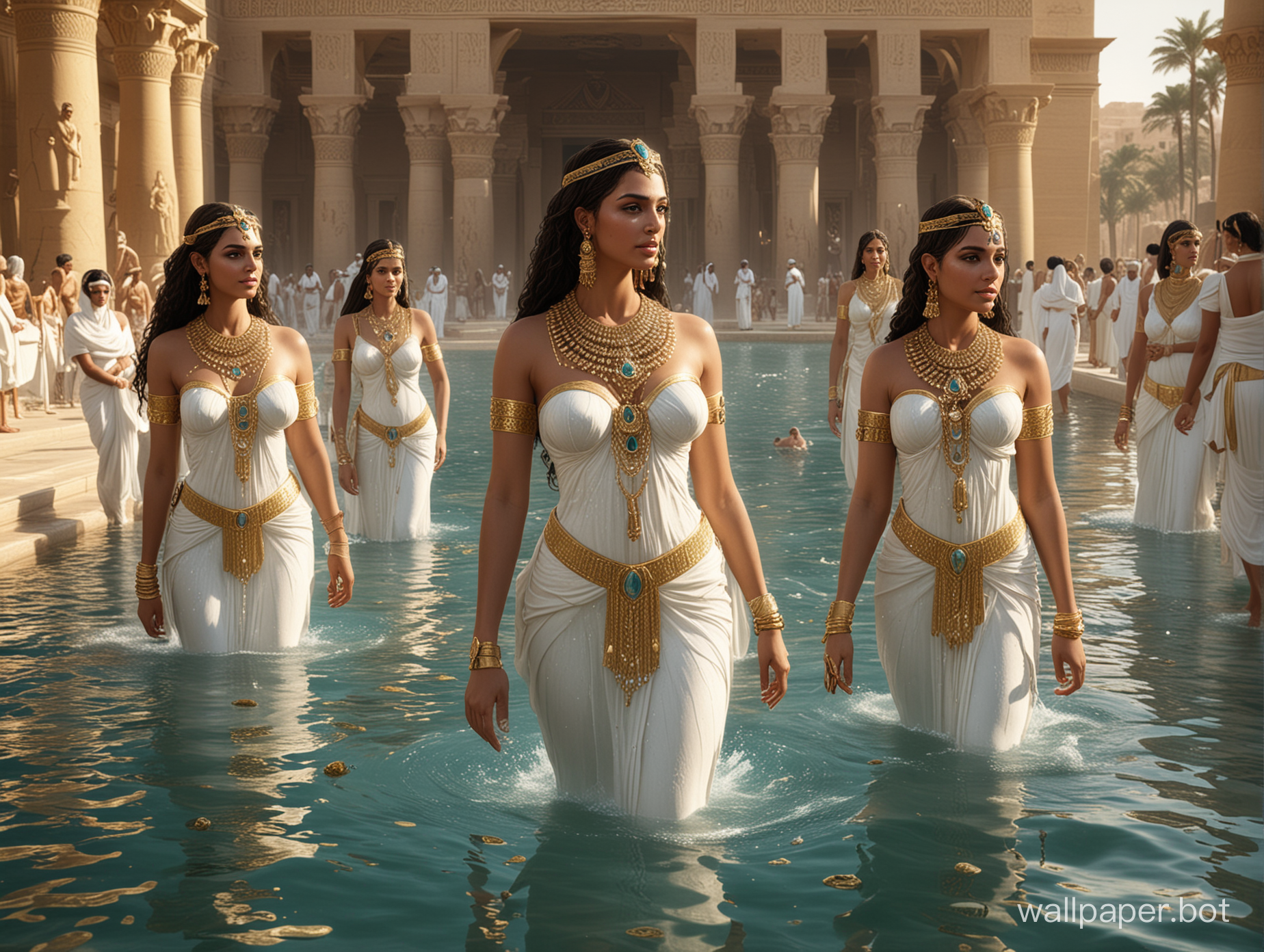 creates a super realistic image of the Egyptian palace, a lagoon in it that accumulates the water of the Nile River, women bathing the maidens of the Queen of Egypt and the queen of Egypt bathes with her maidens in elegant white clothing and precious gold and gold jewellery. diamonds, fashion, photo, 3d render