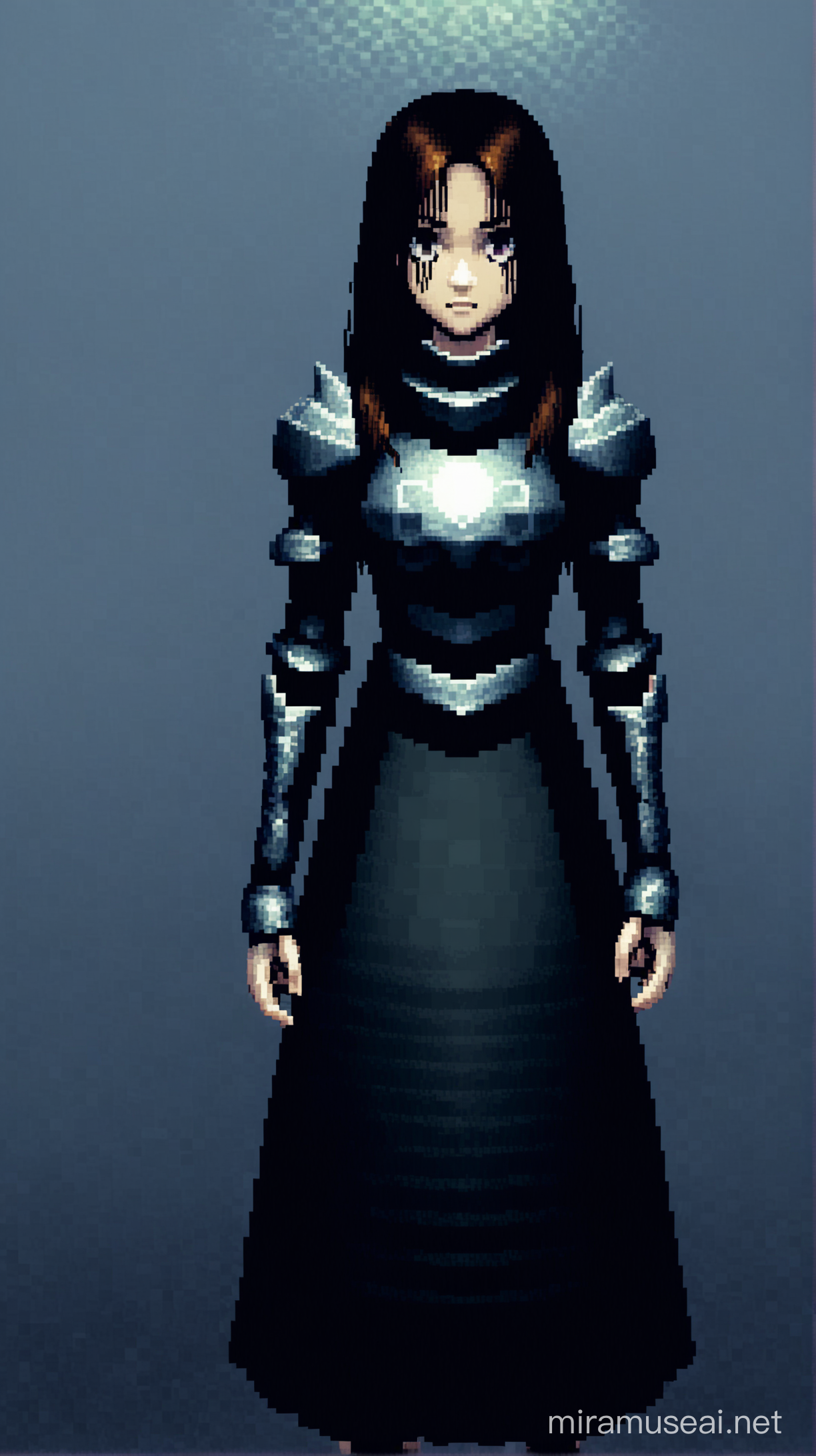 Gothic Female Protagonist in Pixelated PS2 Game Scene