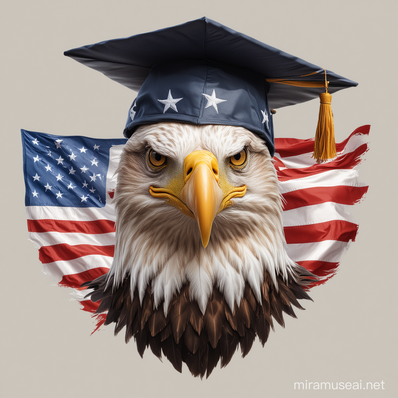prompt, a Eagle head with a graduate hat and American flag , with transparent background
