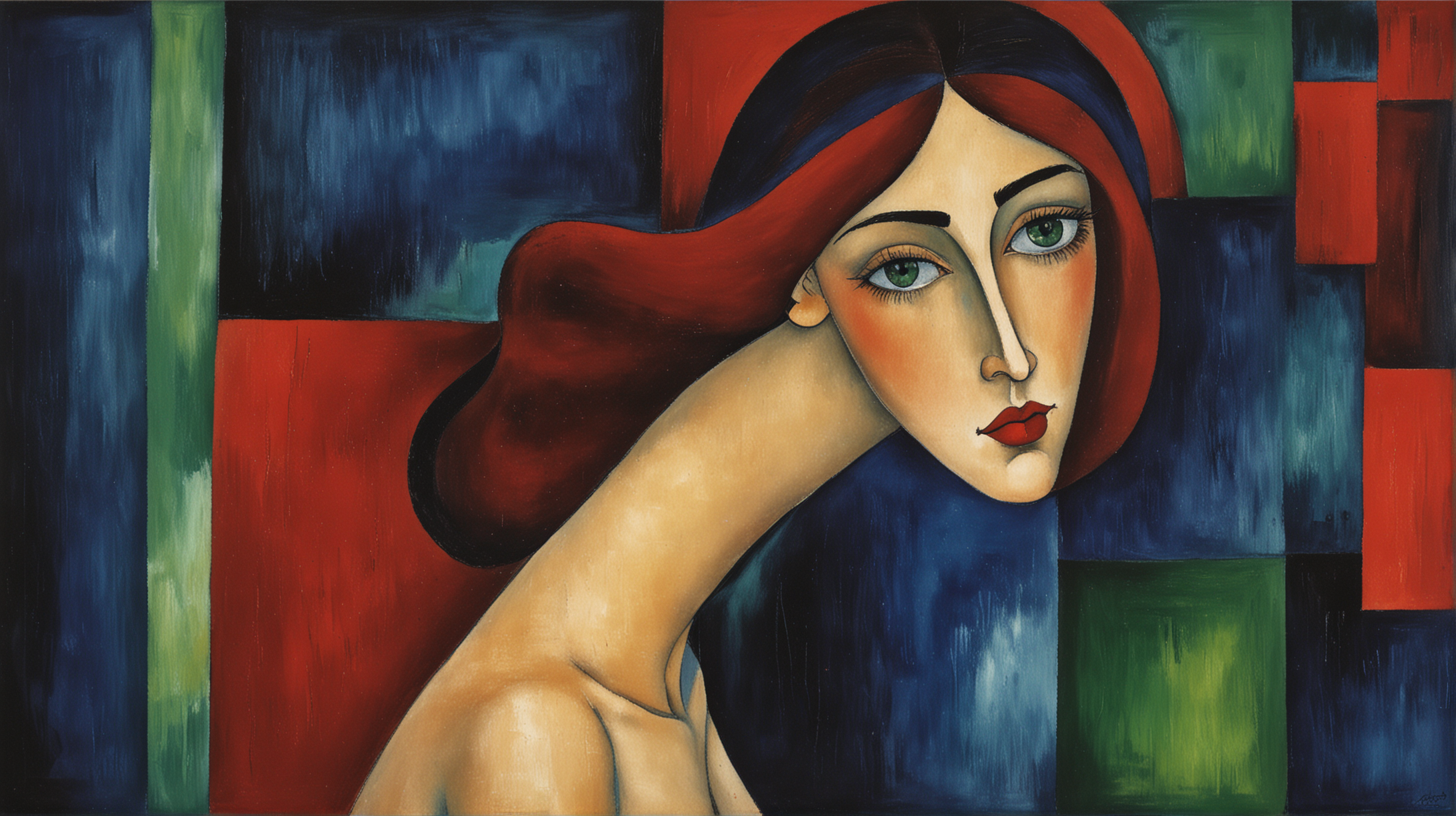 Abstract Expressionism Portrait by Amedeo Modigliani in Deep Blue and Red Hues