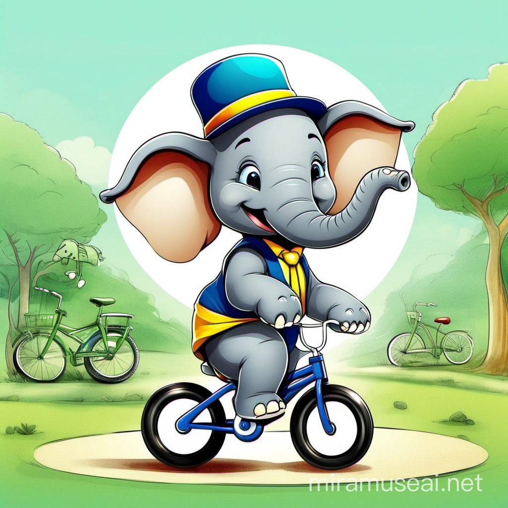 cute, adorable, cartoon-like, grey elephant with wide smile, his trunk raised, wearing blue hat, riding small green bike, having time of his life, big white circle in the background