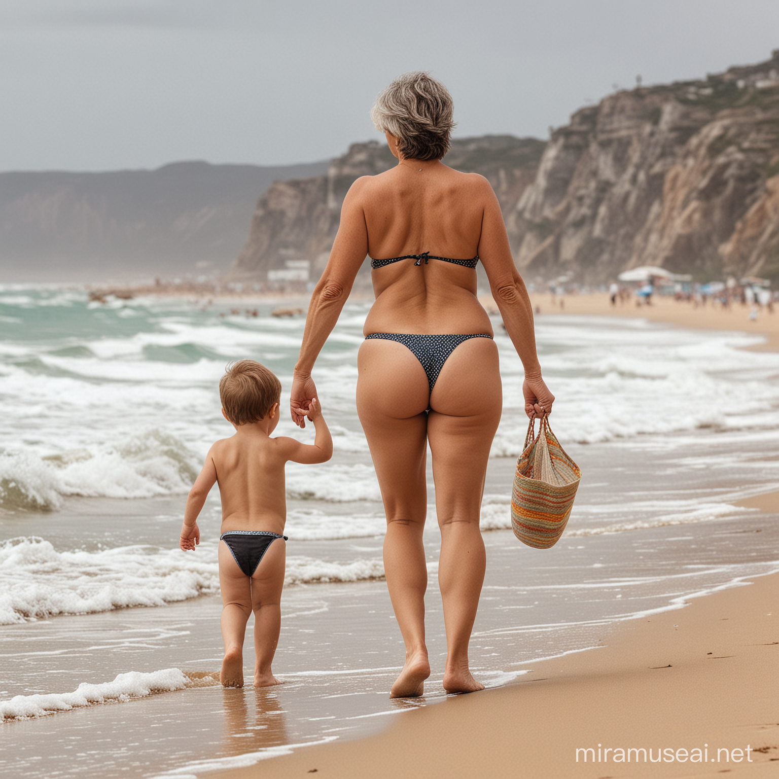 Mature woman with thongs walking on the beach with her son backside view 
